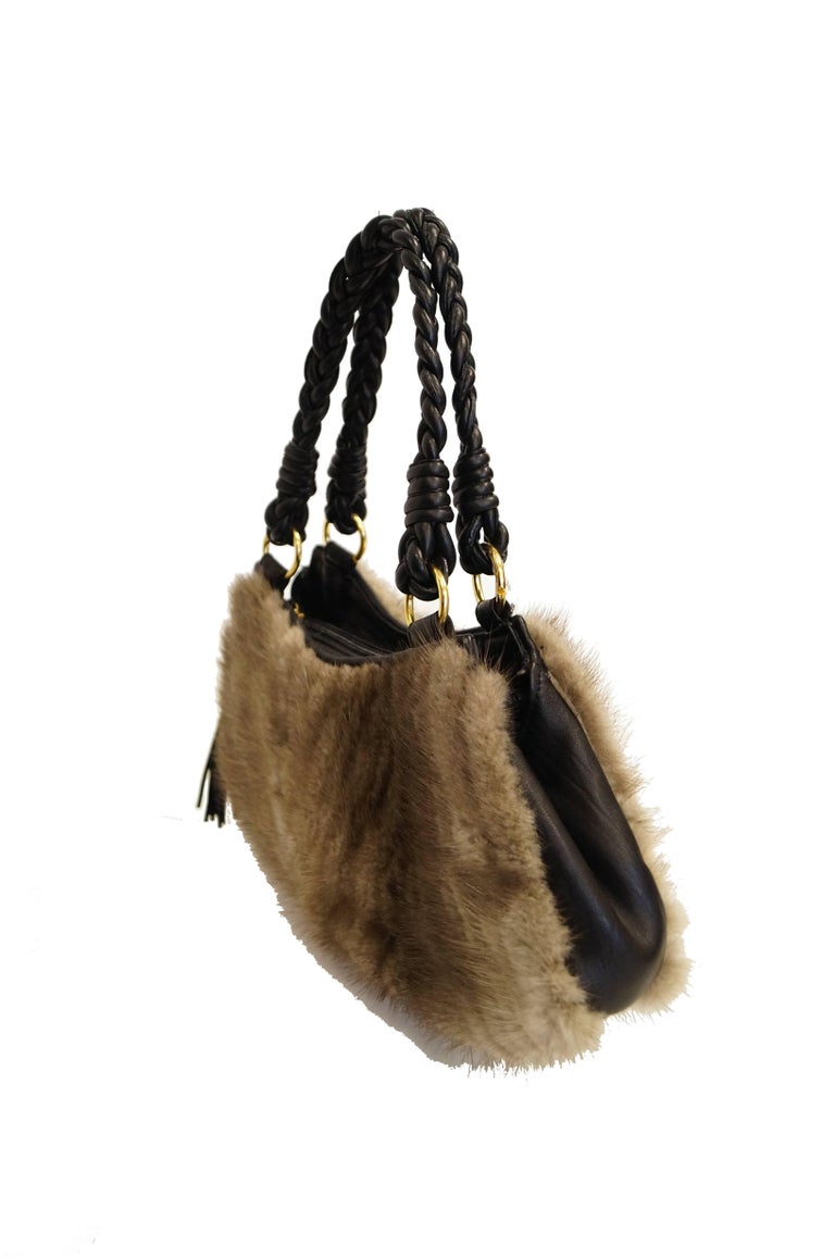 Vintage Paolo Masi Taupe Italian Leather and Fur Trim Handbag at ...