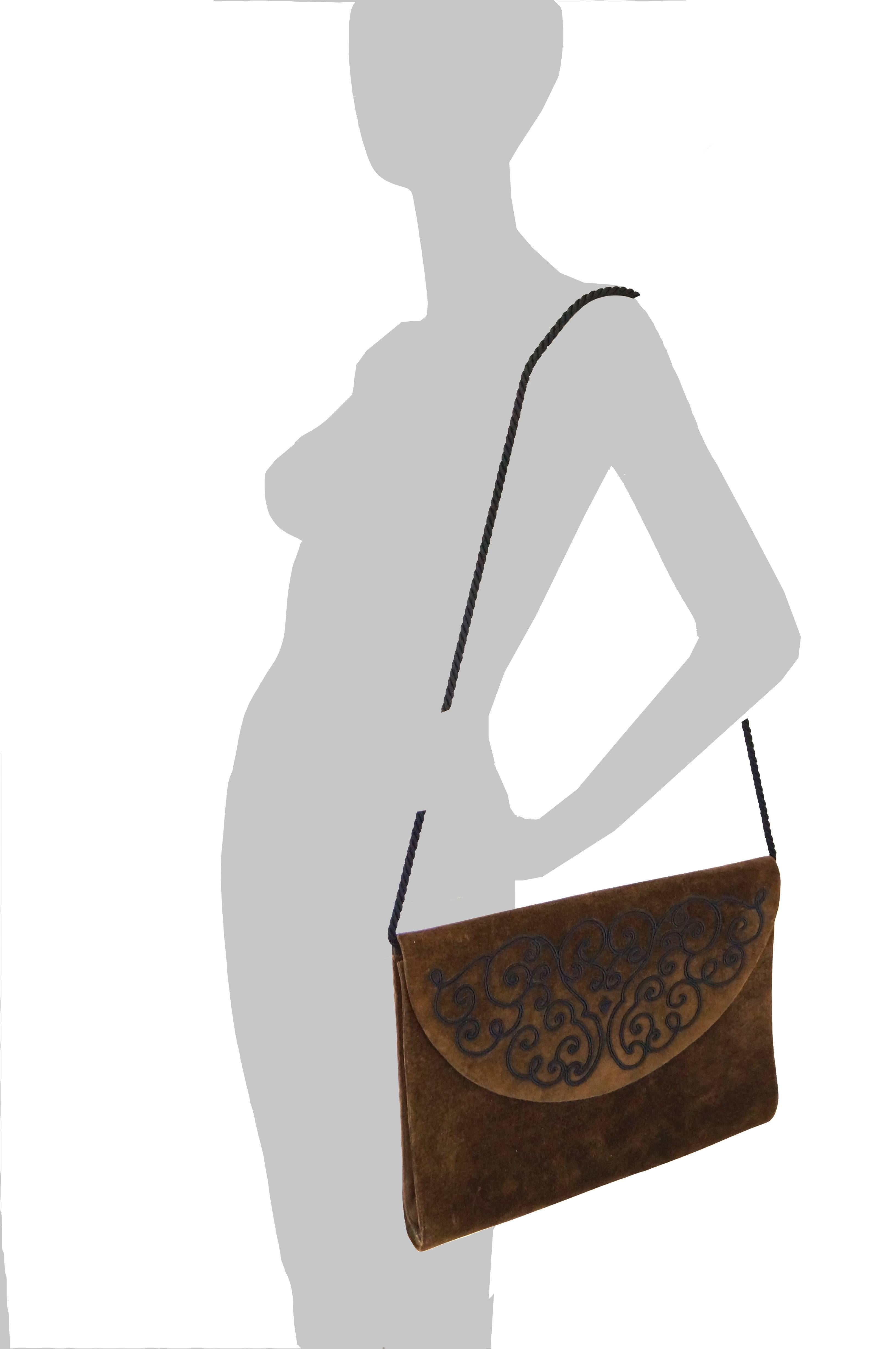 Women's Dominique Aurientis Brown French Suede Envelope Cord Detailed Handbag,  1980s For Sale