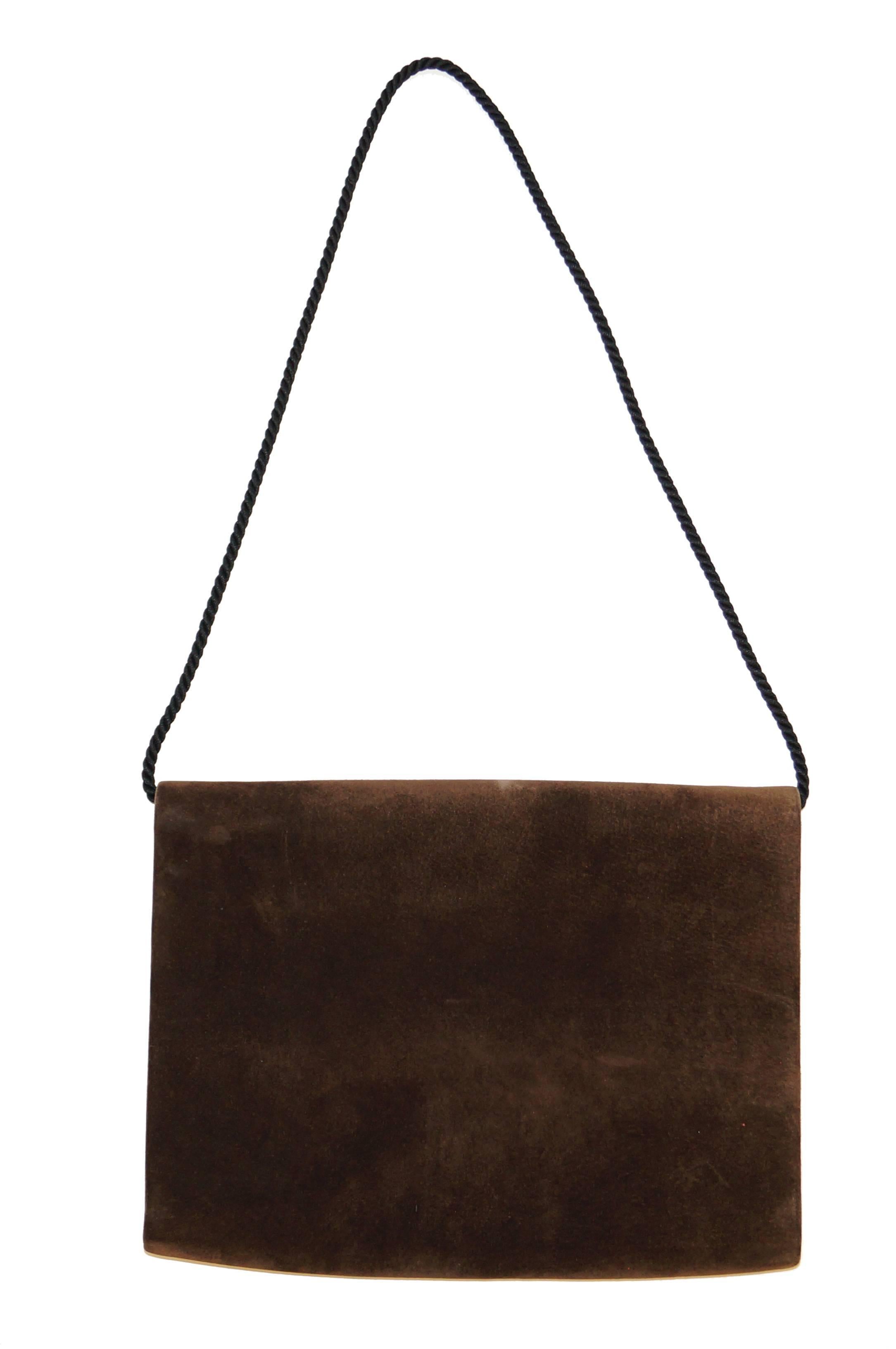 Black Dominique Aurientis Brown French Suede Envelope Cord Detailed Handbag,  1980s For Sale