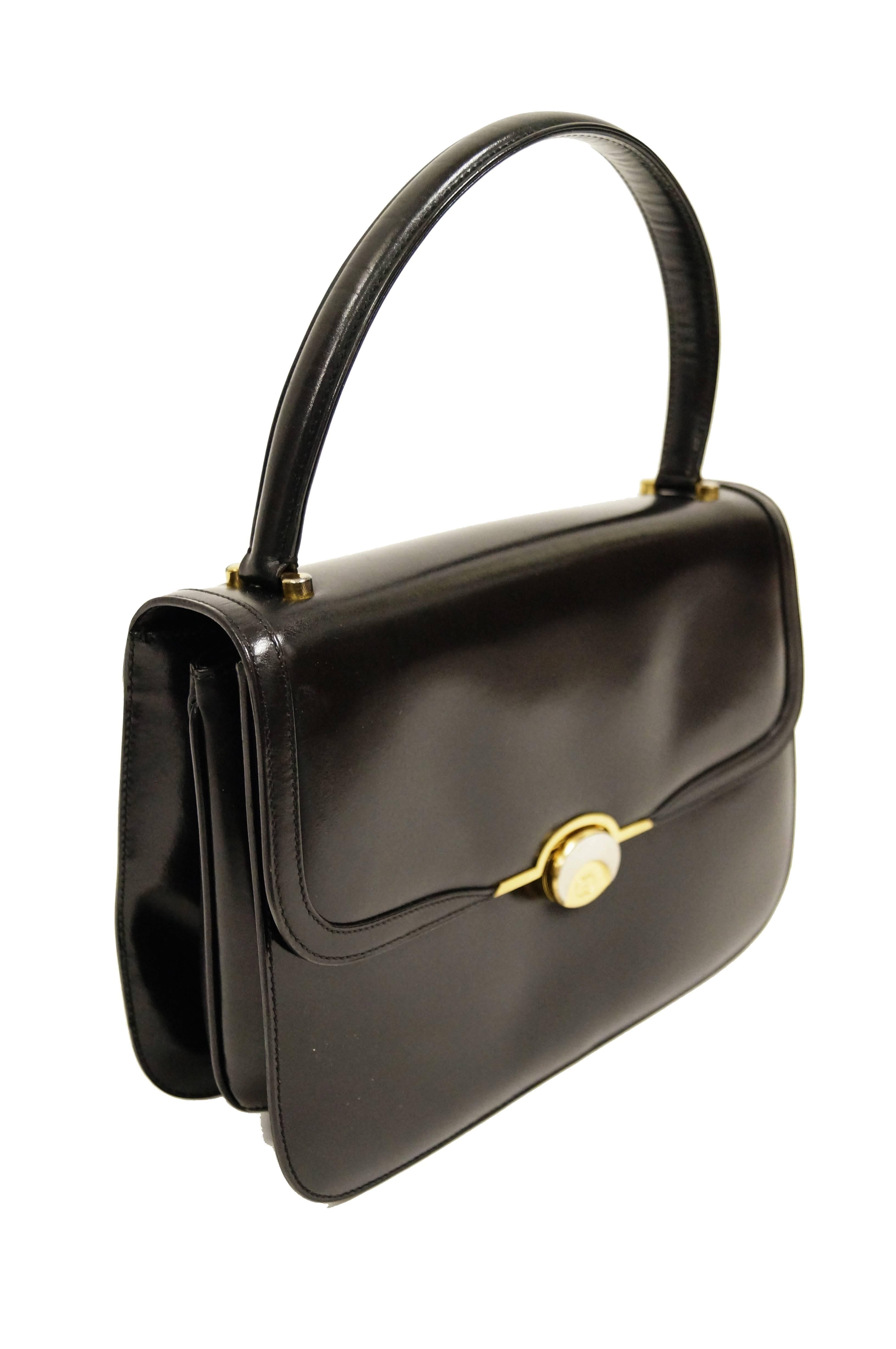 1960s Gucci Black Leather Top Handle Handbag with Crescent Lock  3