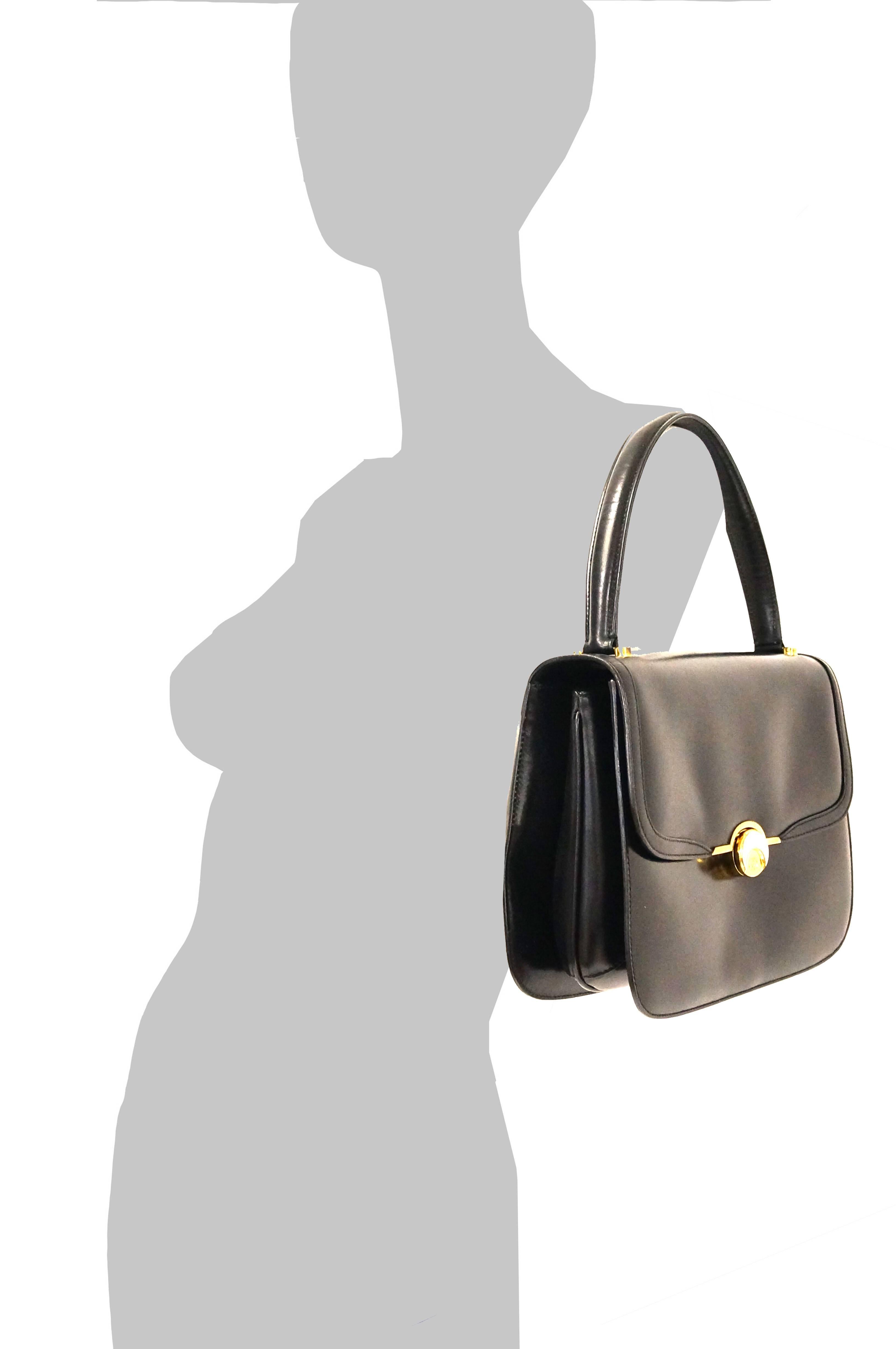 1960s Gucci Black Leather Top Handle Handbag with Crescent Lock  7
