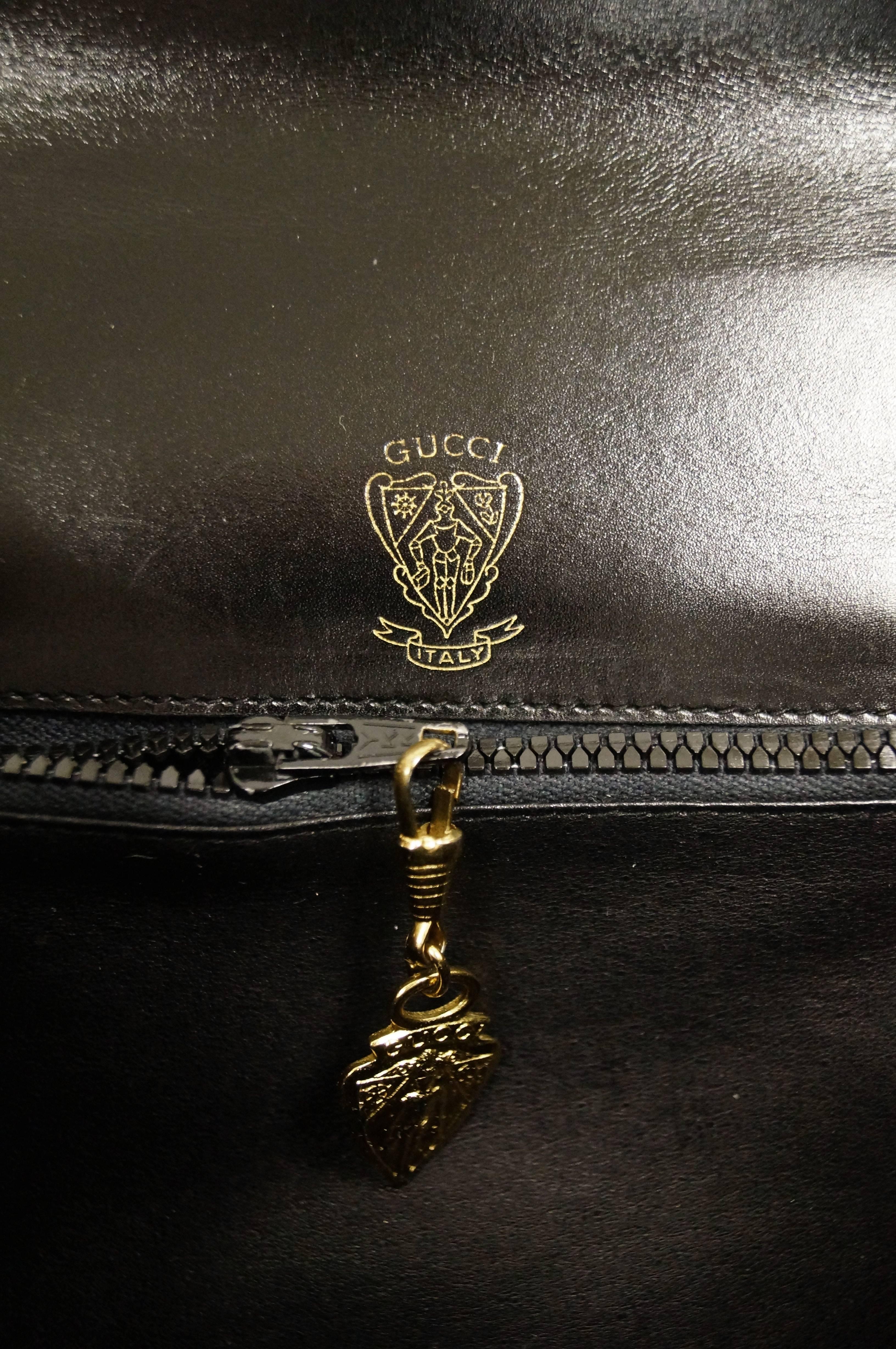 1960s Gucci Black Leather Top Handle Handbag with Crescent Lock  6