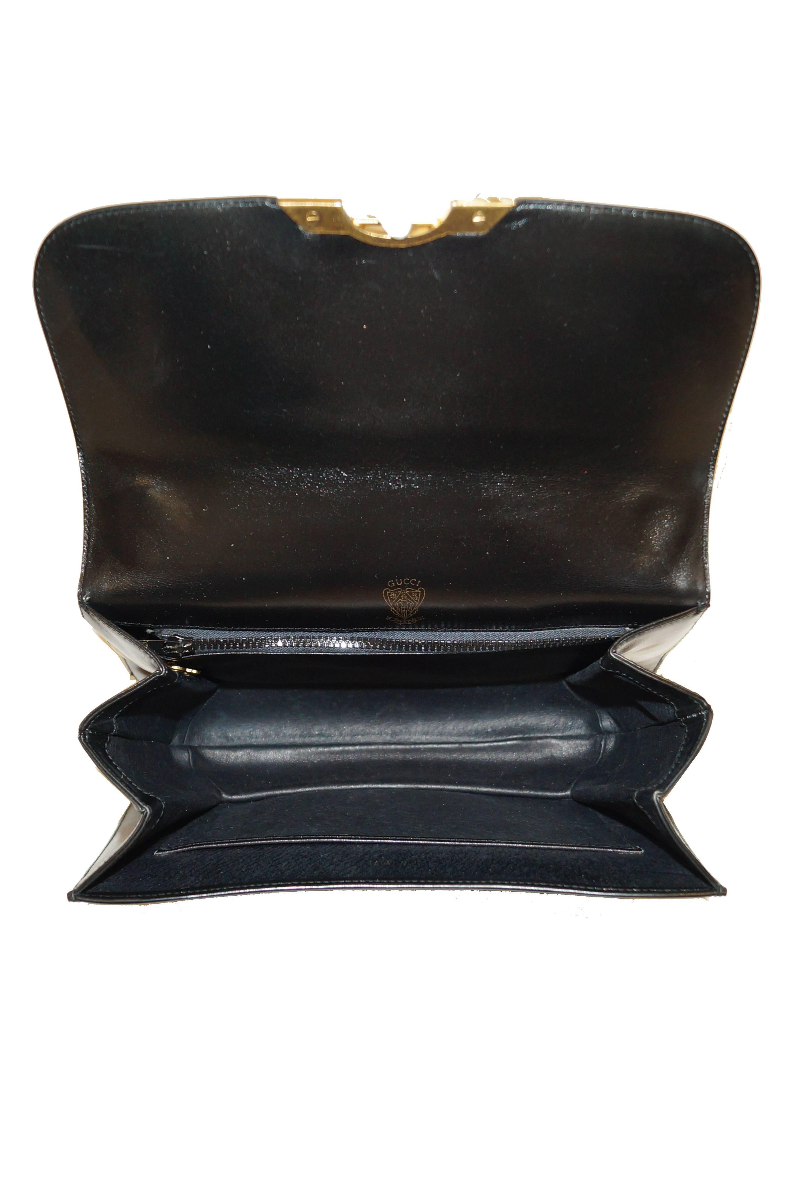 1960s Gucci Black Leather Top Handle Handbag with Crescent Lock  5