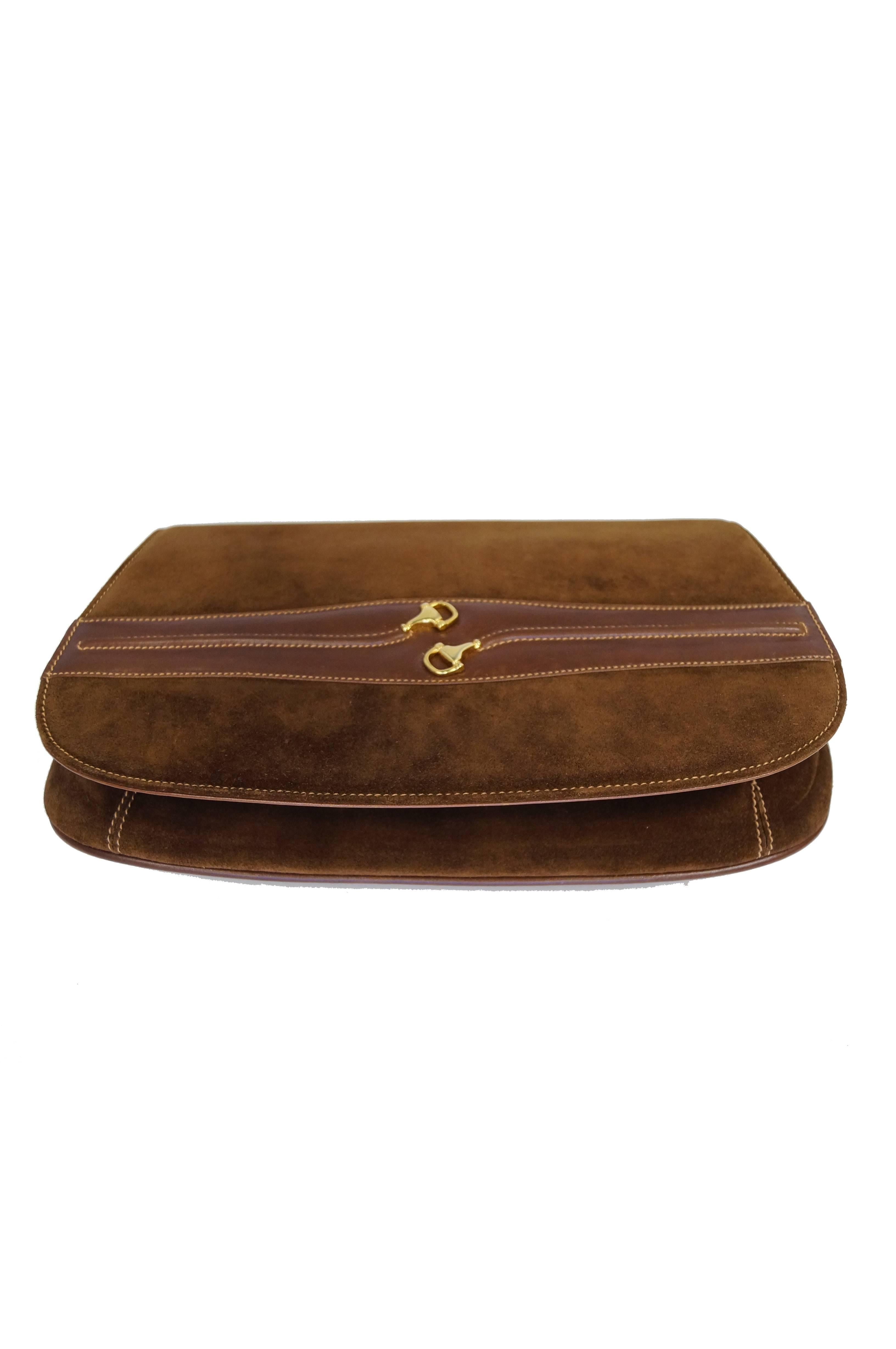 Iconic 1970s Gucci Brown Italian Suede and Leather Clutch 1