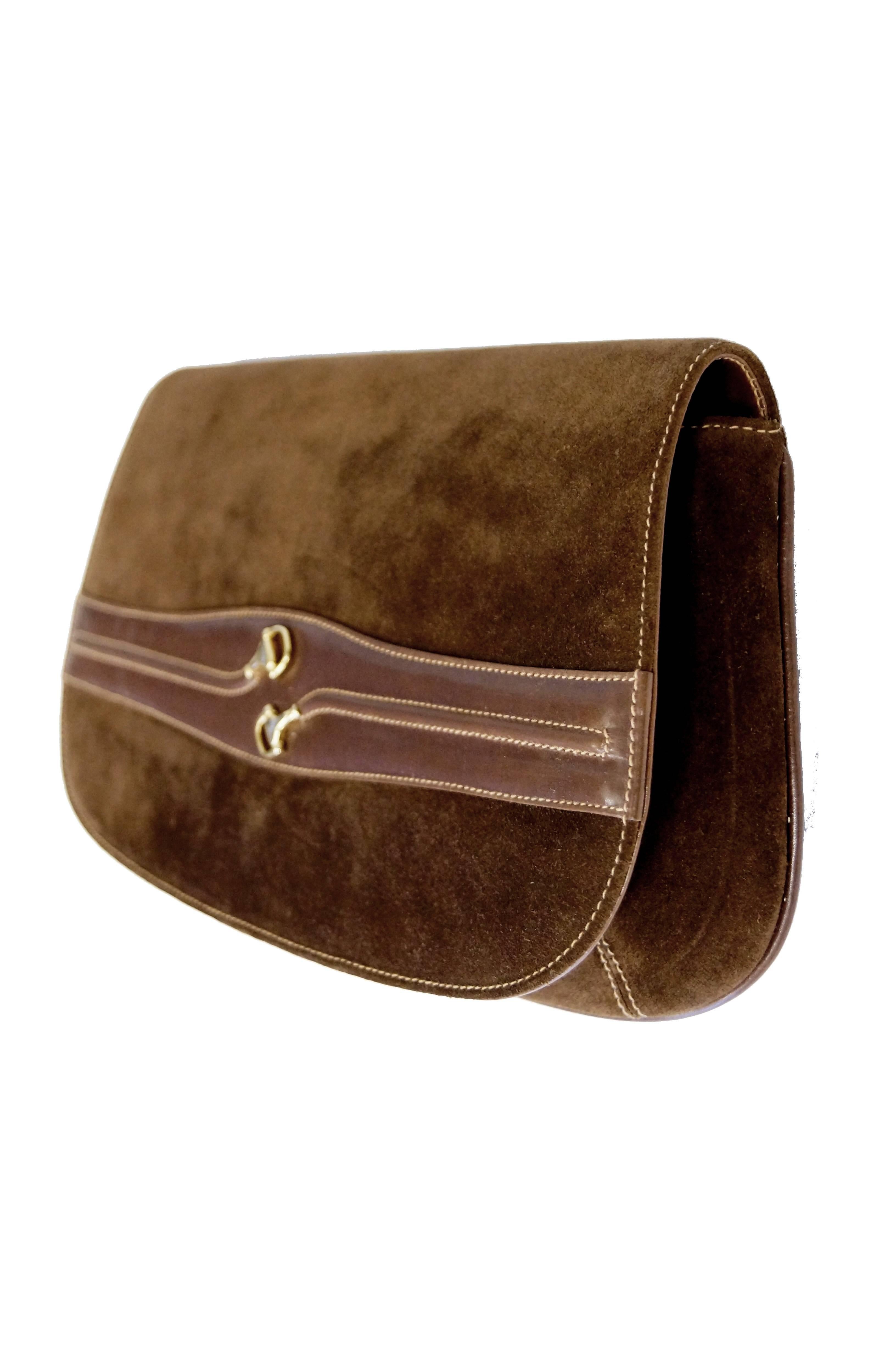 Iconic 1970s Gucci Brown Italian Suede and Leather Clutch In Excellent Condition In Houston, TX