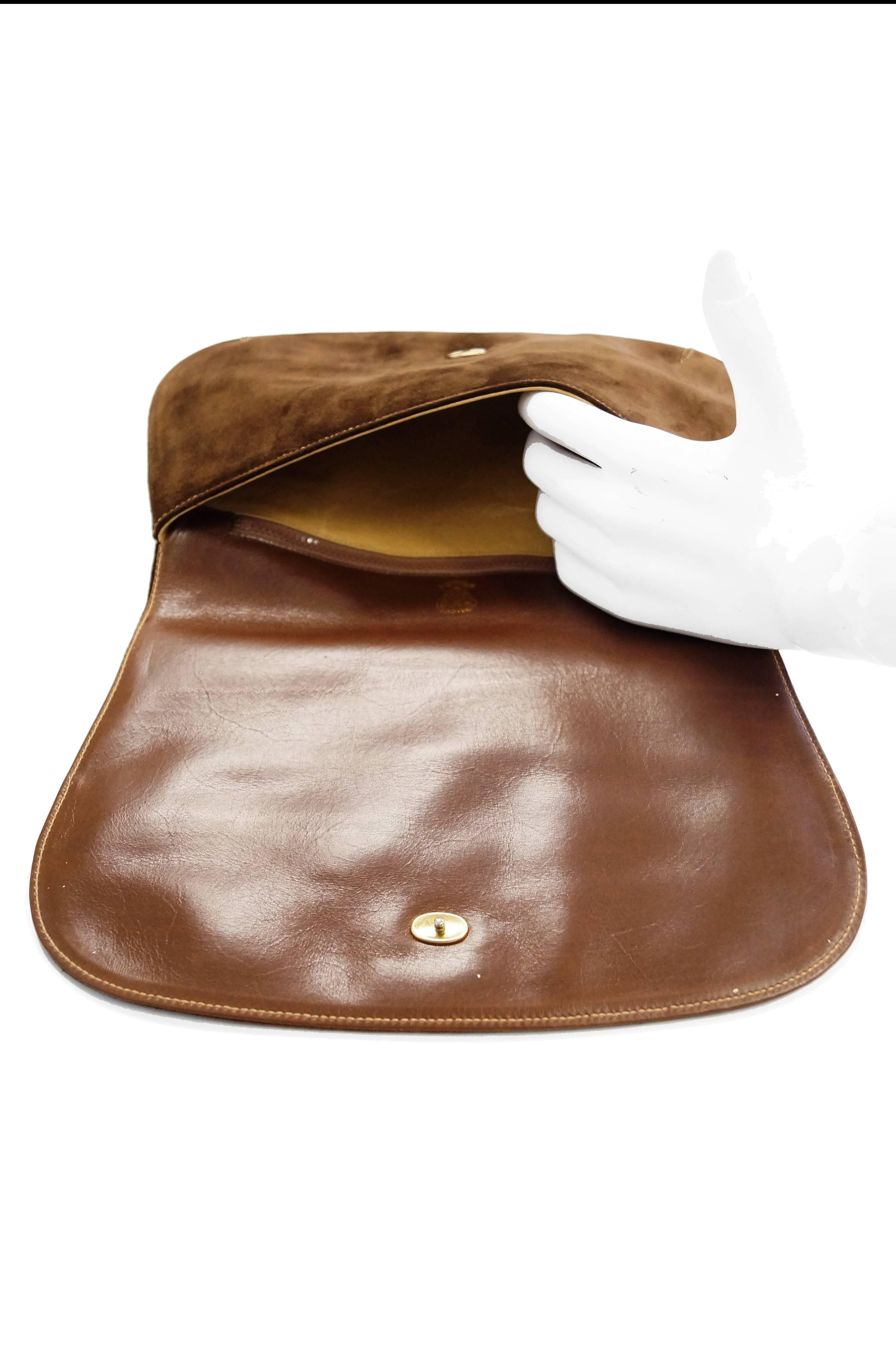 Iconic 1970s Gucci Brown Italian Suede and Leather Clutch 7