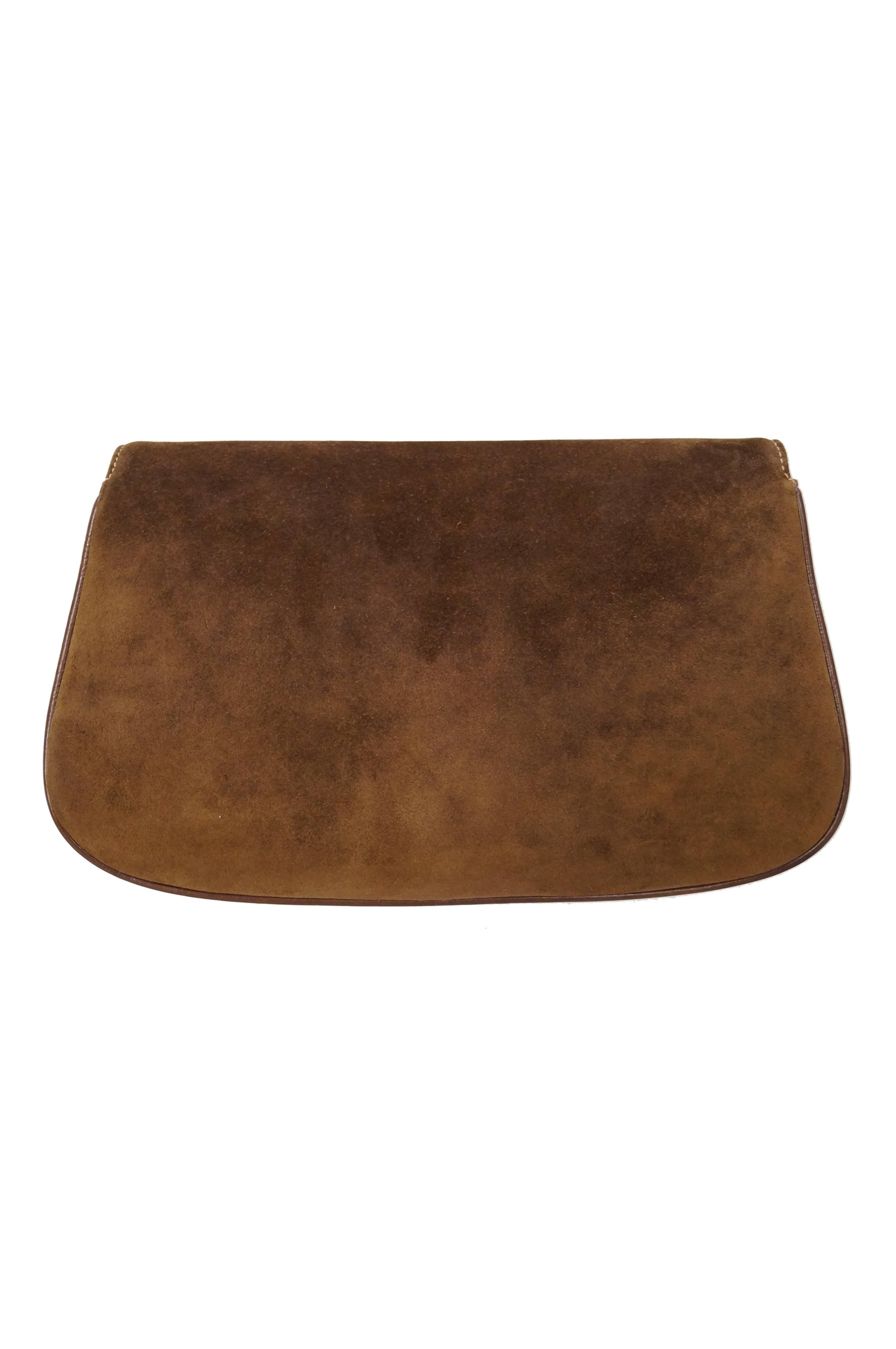 Iconic 1970s Gucci Brown Italian Suede and Leather Clutch 2
