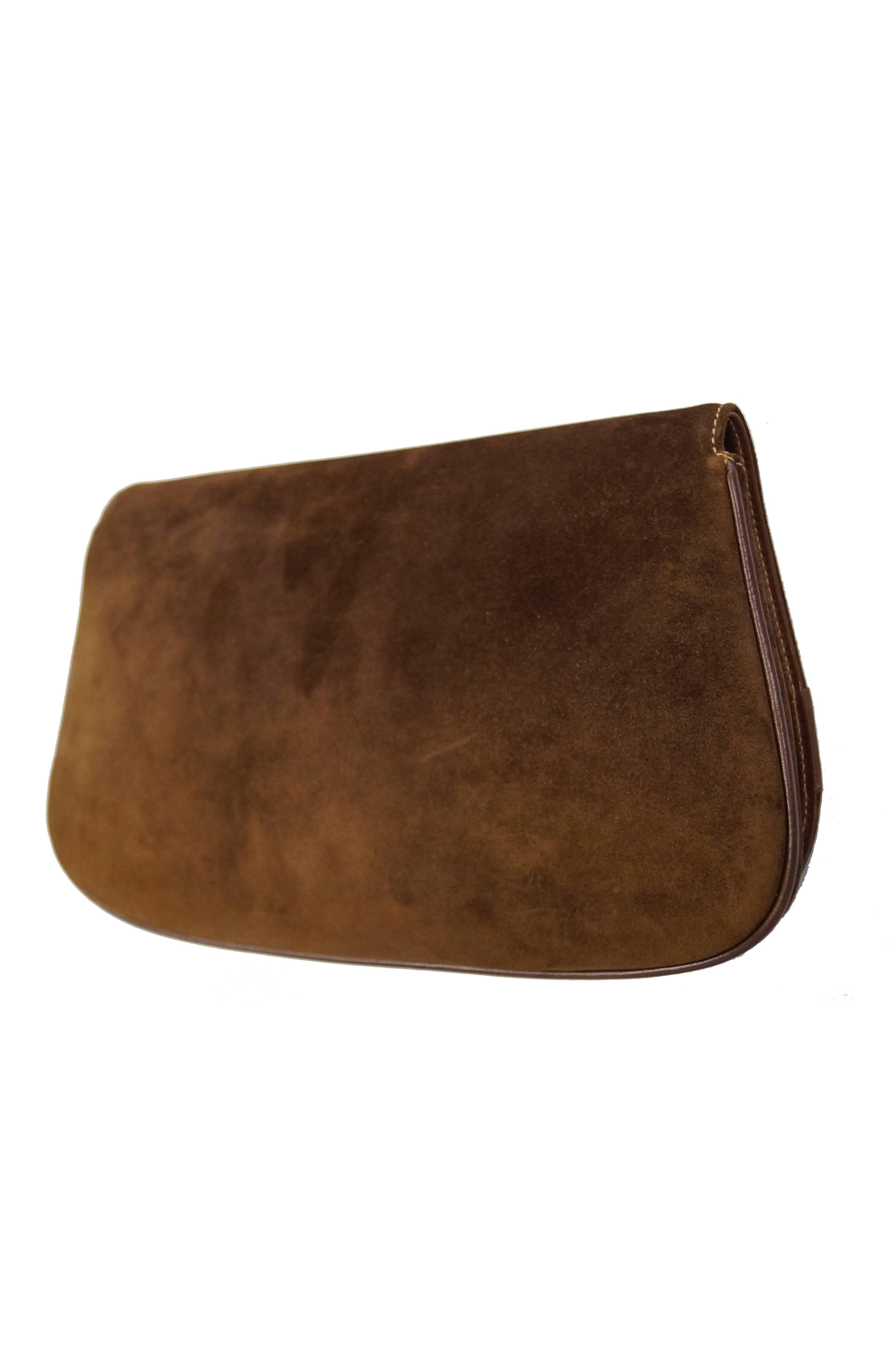 Iconic 1970s Gucci Brown Italian Suede and Leather Clutch 3