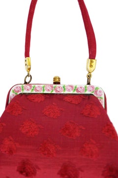 Roberta di Camerino Red Tapestry Evening Bag with Hand Painted Porcelain, 1950s