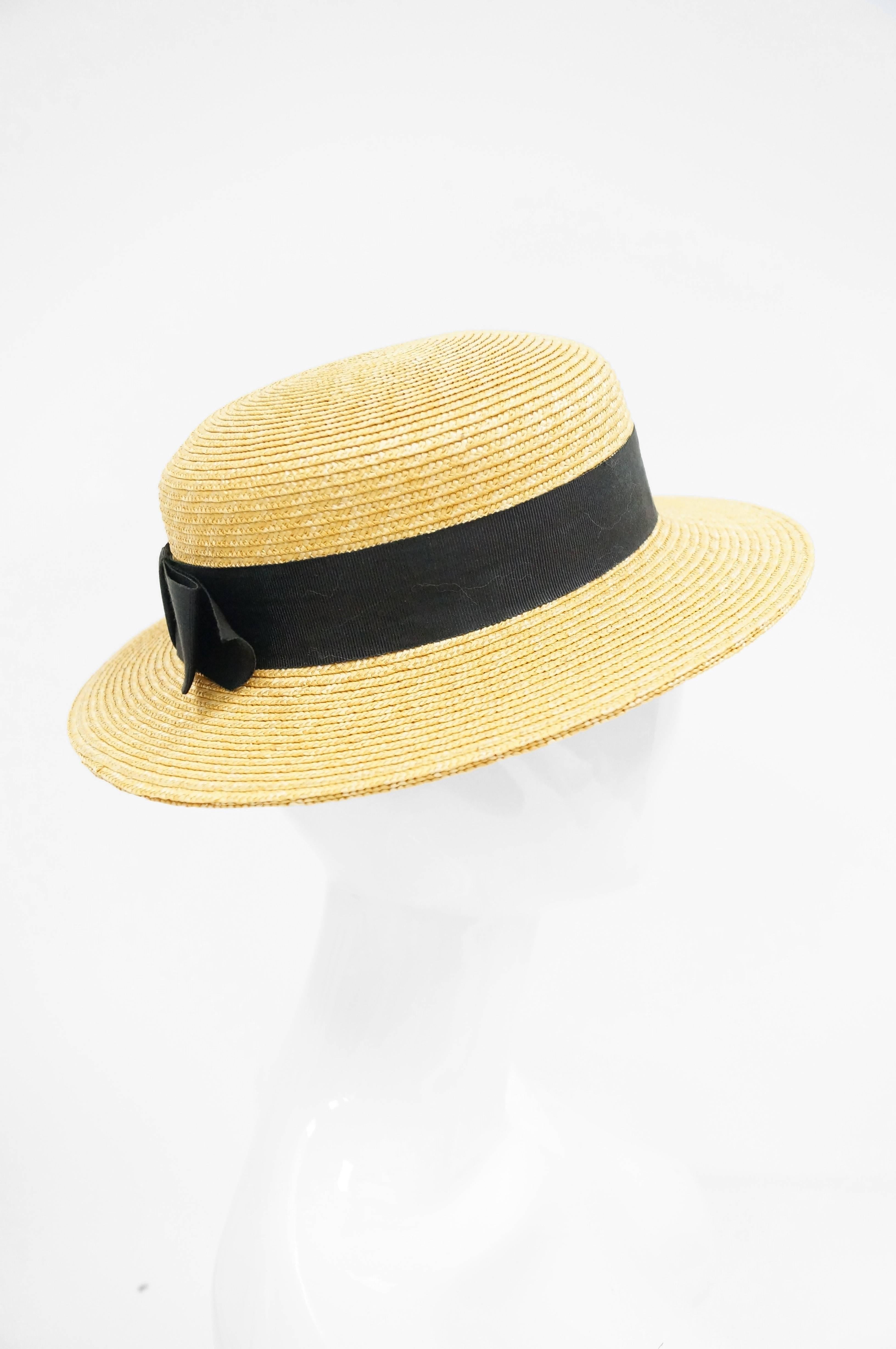 Rare 1980s Yves Saint Laurent Straw Boater Hat In Excellent Condition In Houston, TX