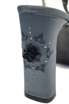 Versace Slate Blue Italian Satin Peep Toe Floral Sequin Heels, 1990s