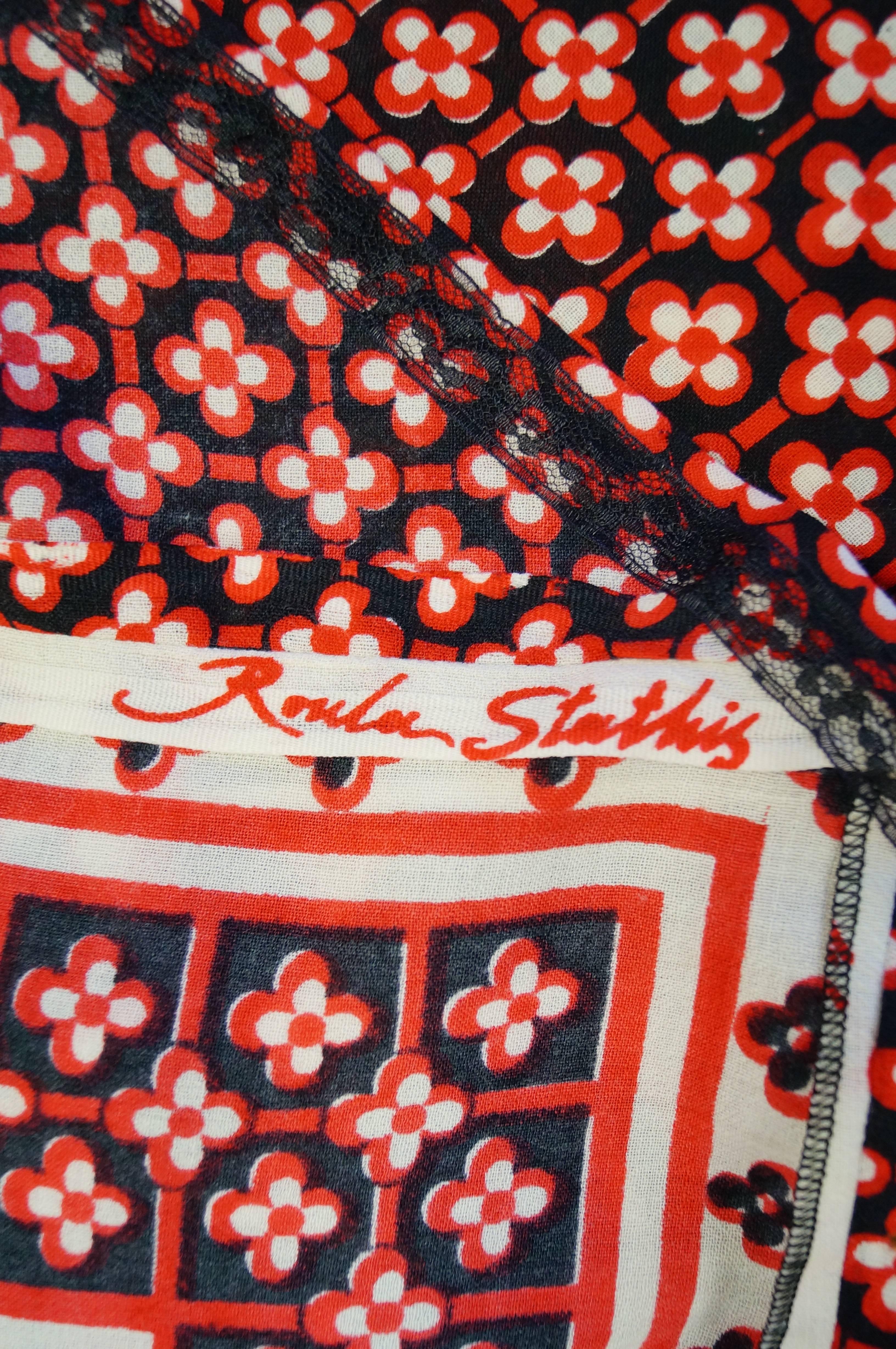 Rare 1960s Greek Designer Roula Stathis Hand Printed Red Geometric Skirt  In Excellent Condition In Houston, TX