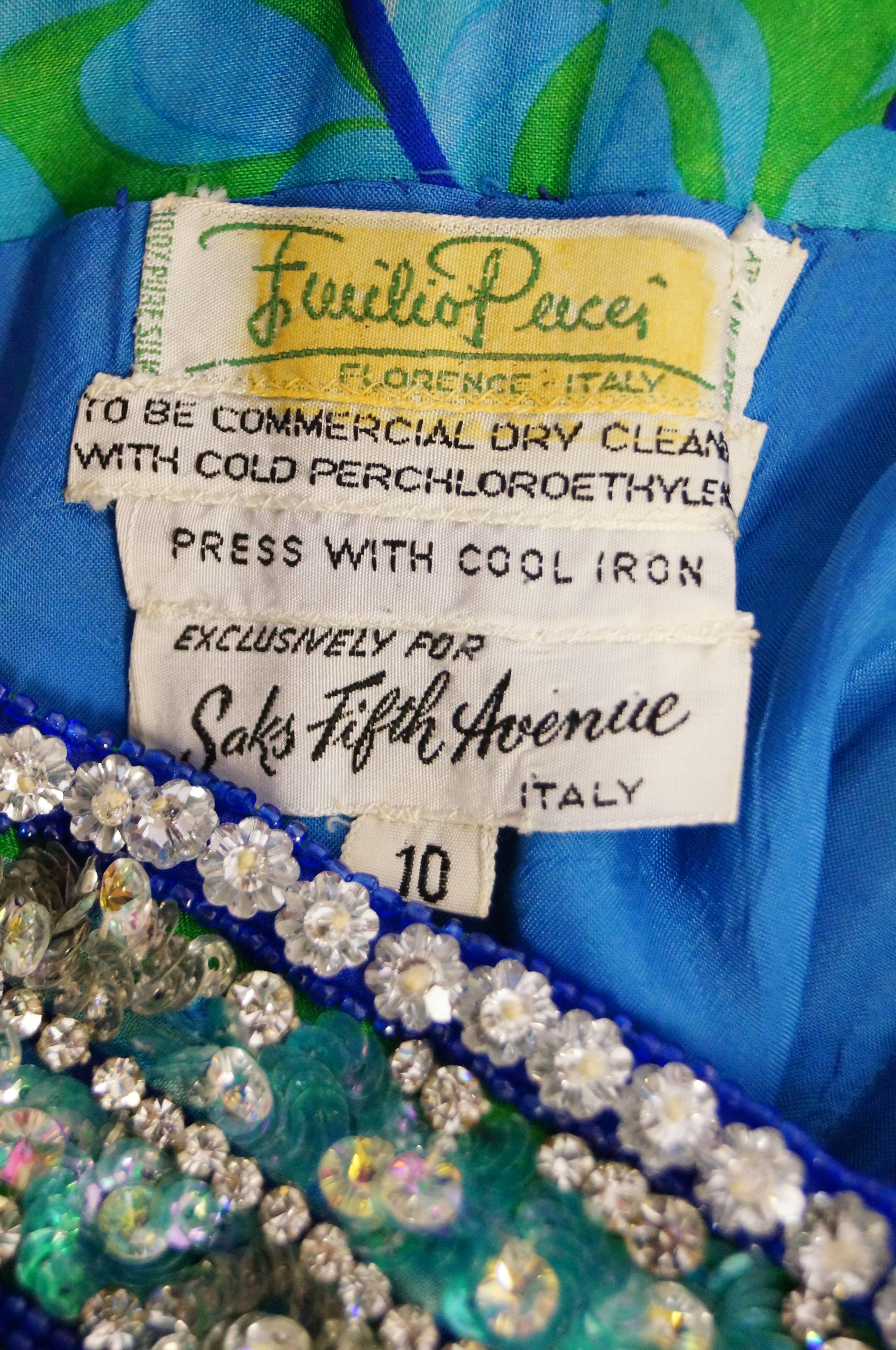 Emilio Pucci Couture Plumage Print Rhinestone Palazzo Pant Dress, 1960s  13