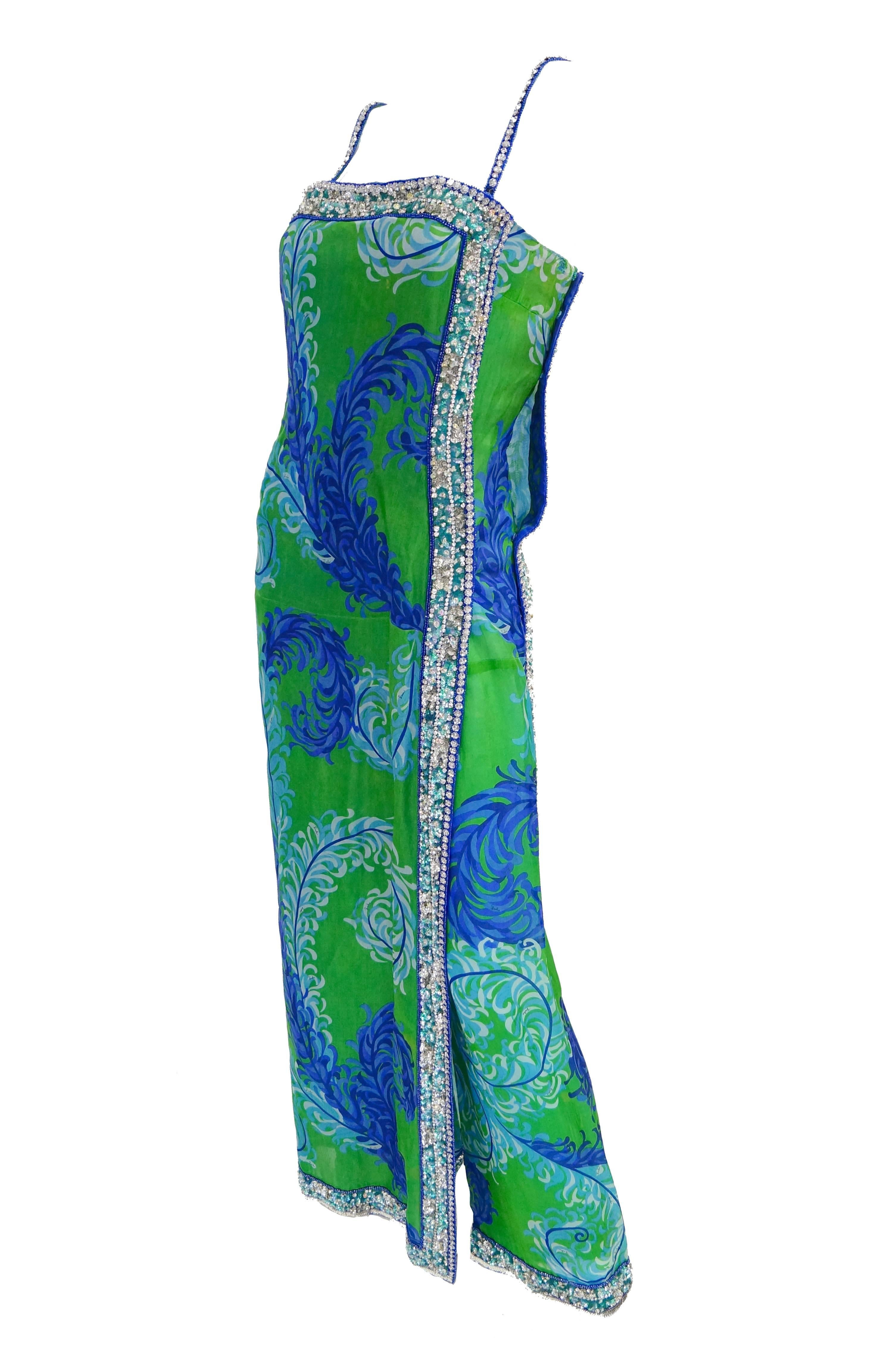 Emilio Pucci Couture Plumage Print Rhinestone Palazzo Pant Dress, 1960s 3