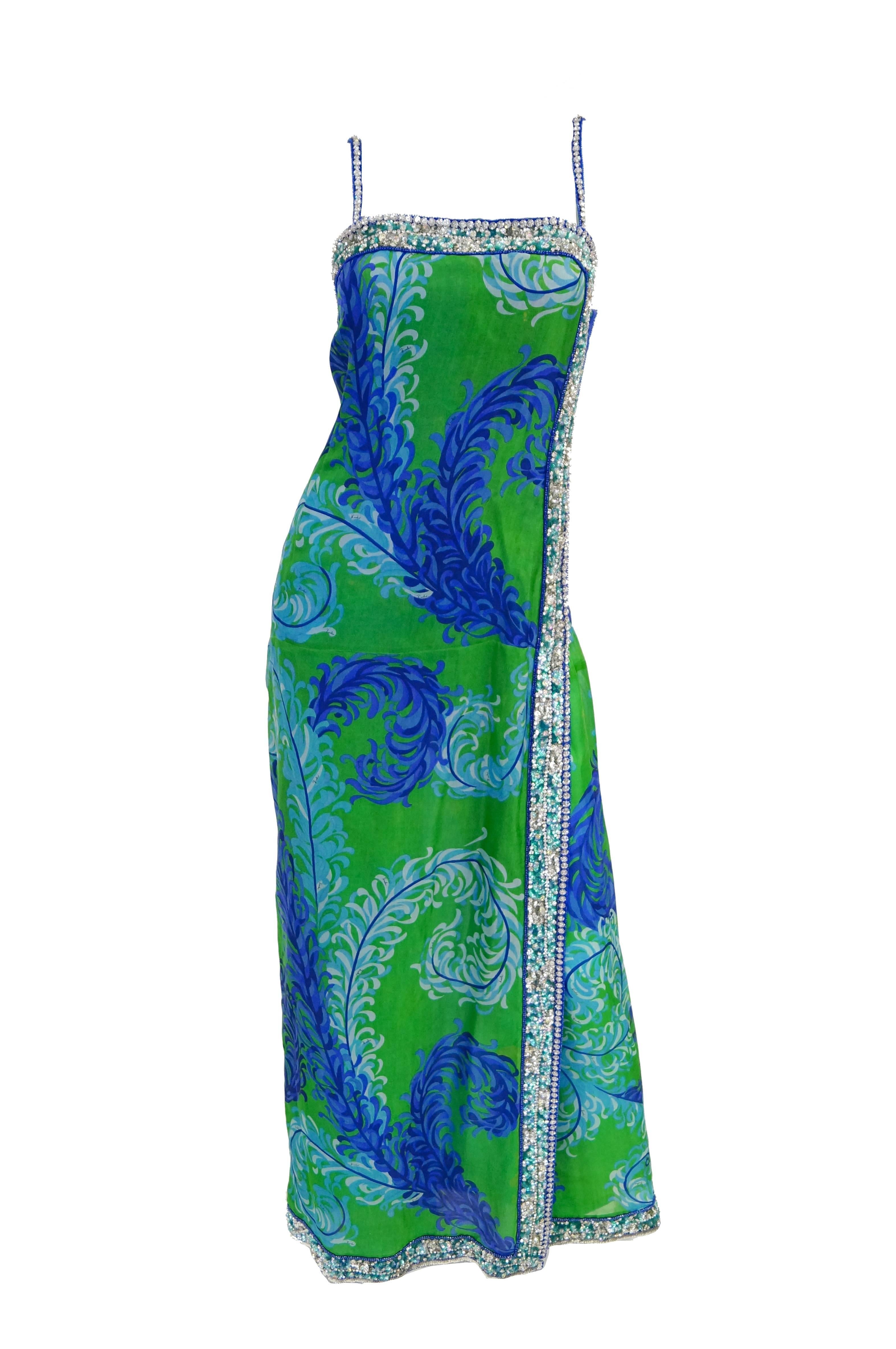 Emilio Pucci Couture Plumage Print Rhinestone Palazzo Pant Dress, 1960s 2