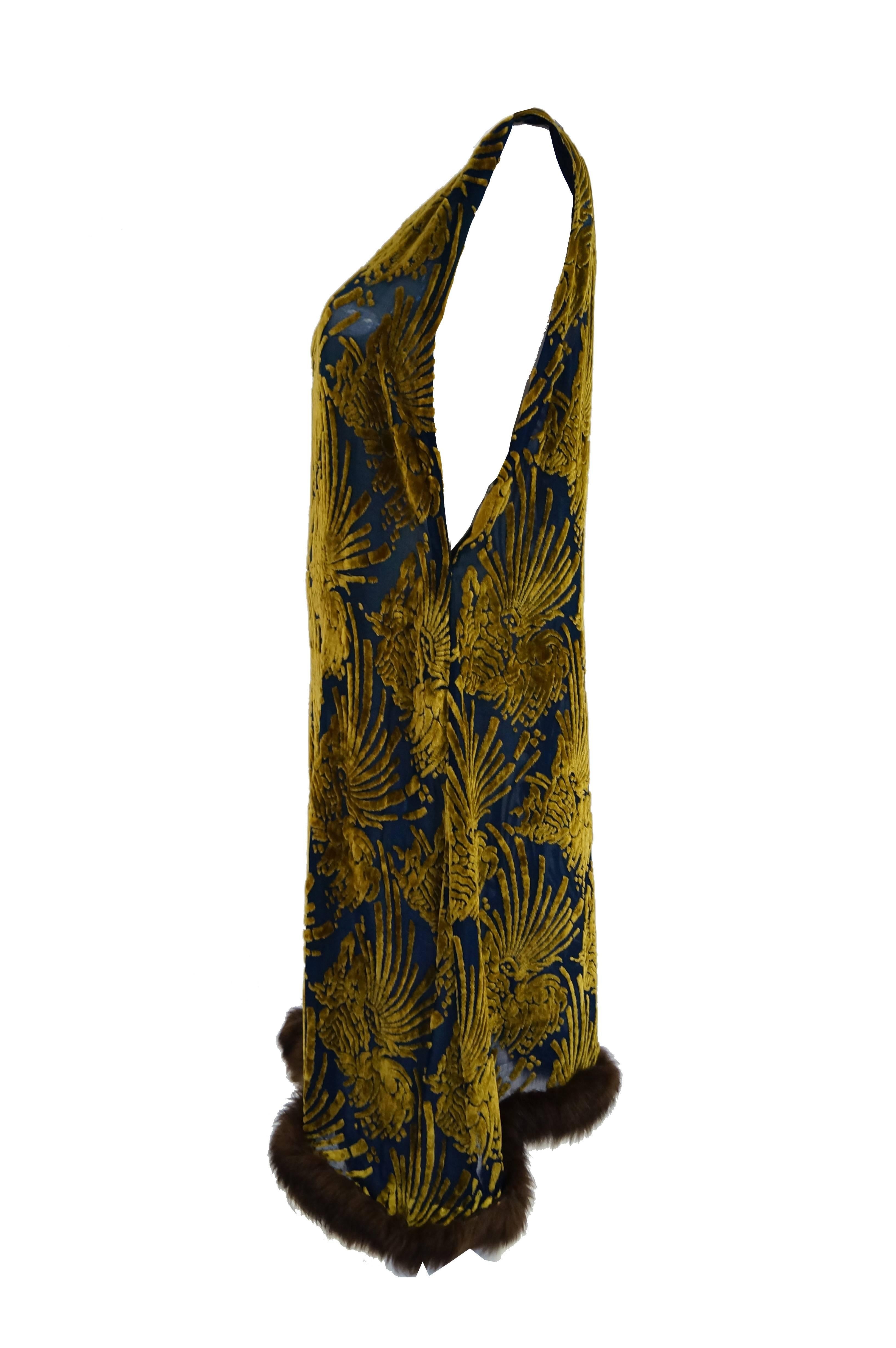 Brown  1920s Gold and Indigo Devore Velvet Evening Dress with Sable Trim For Sale