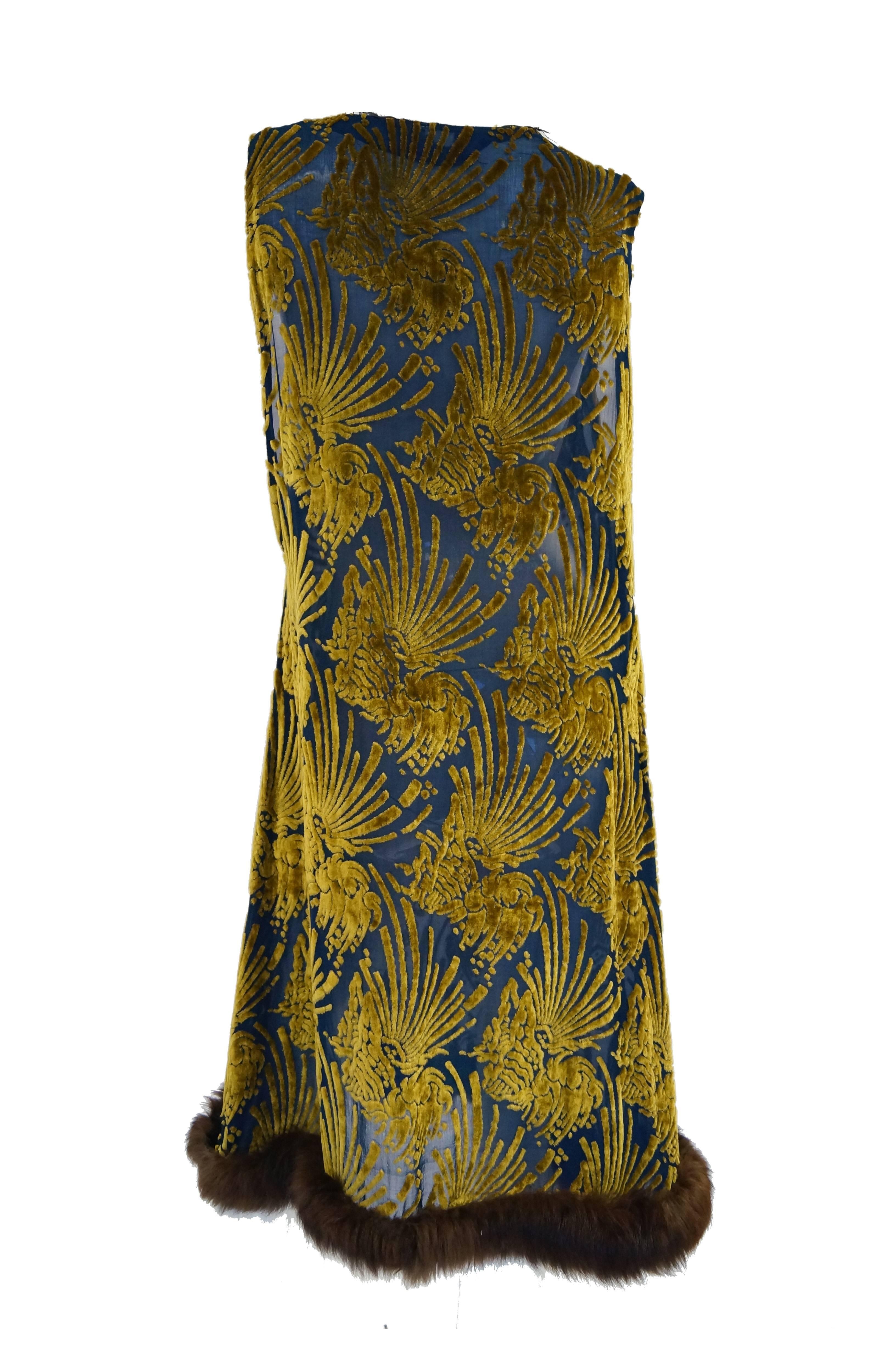 Women's  1920s Gold and Indigo Devore Velvet Evening Dress with Sable Trim For Sale