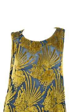 1920s Gold and Indigo Devore Velvet Evening Dress with Sable Trim