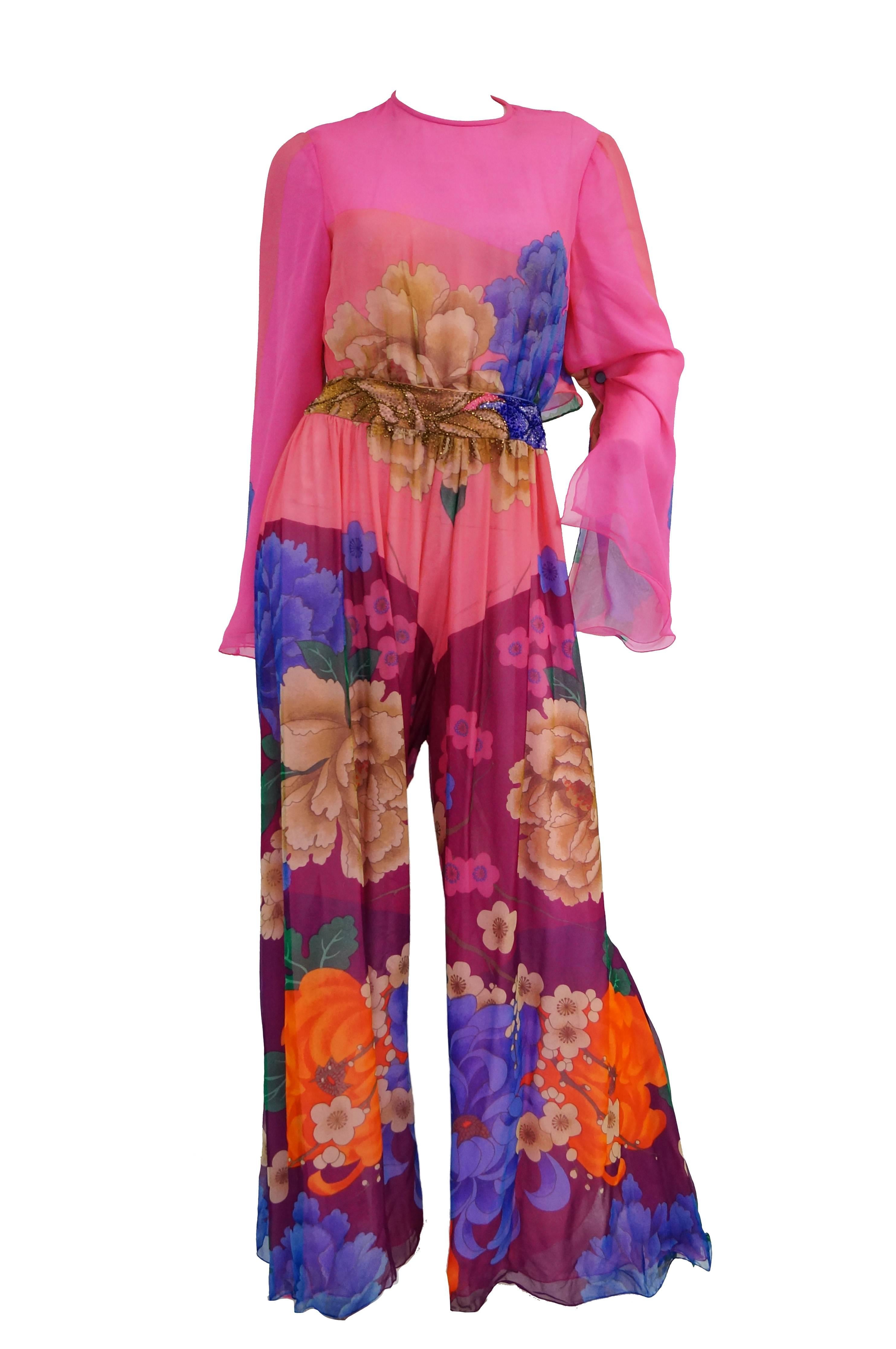 Hanae Mori Silk Floral Jumpsuit, 1970s  For Sale 8
