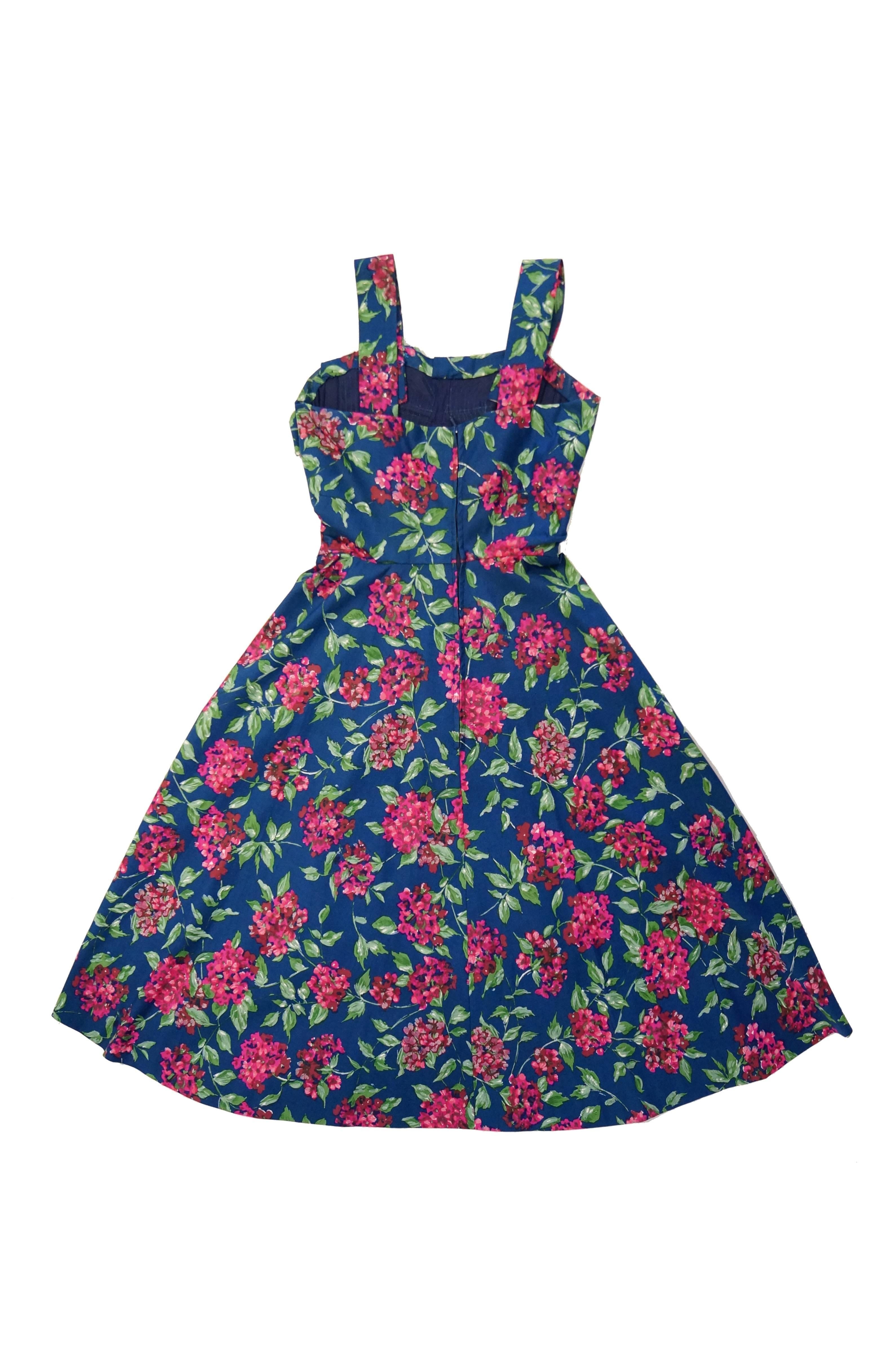 1950s Marty Modell Navy and Pink Floral Ribbed Cotton Faille Dress For Sale 1