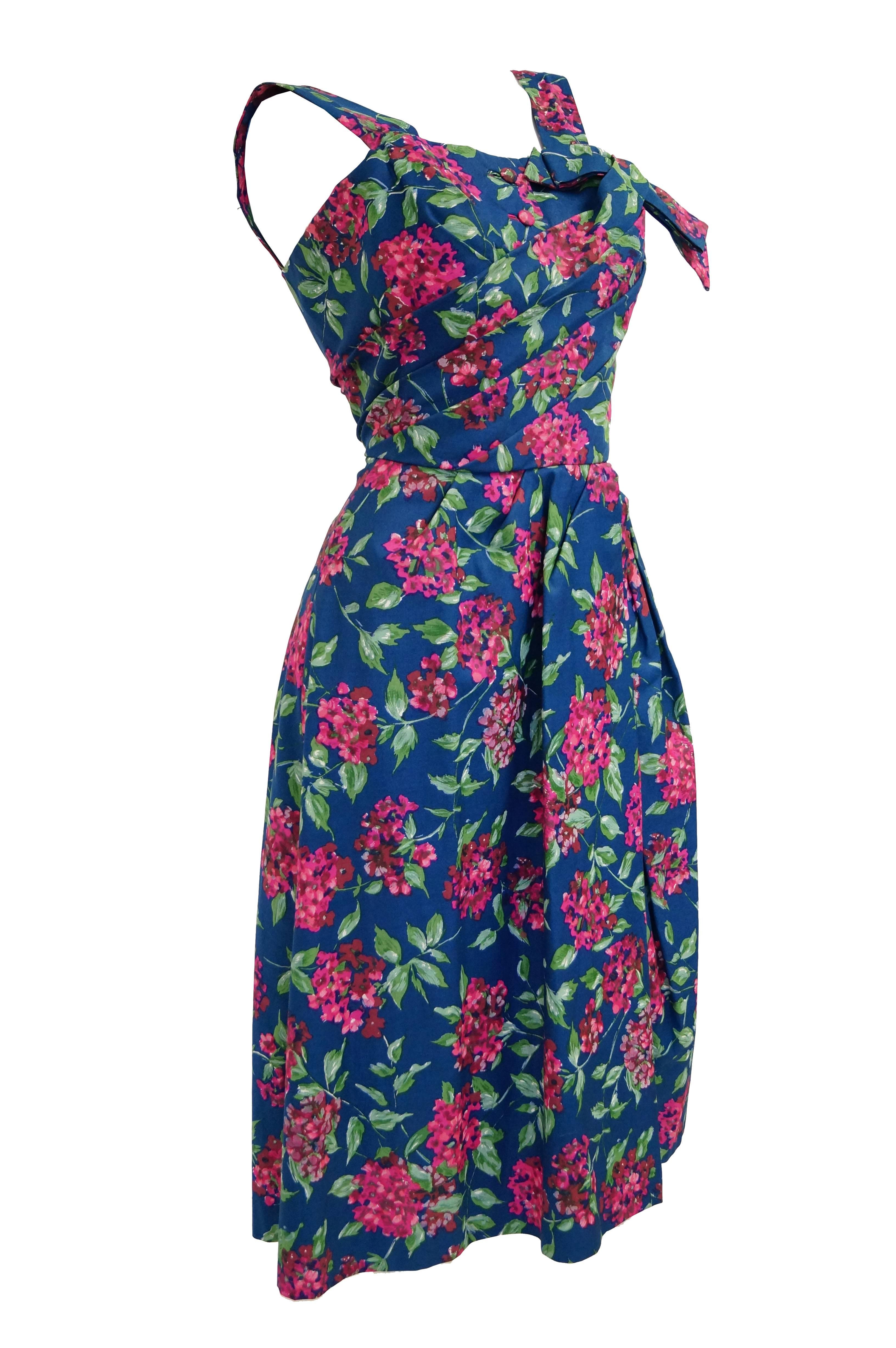 Black 1950s Marty Modell Navy and Pink Floral Ribbed Cotton Faille Dress For Sale