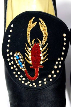 Rare 1970s “Shoe Biz” Grecian Scorpion Embroidered Satin Heel