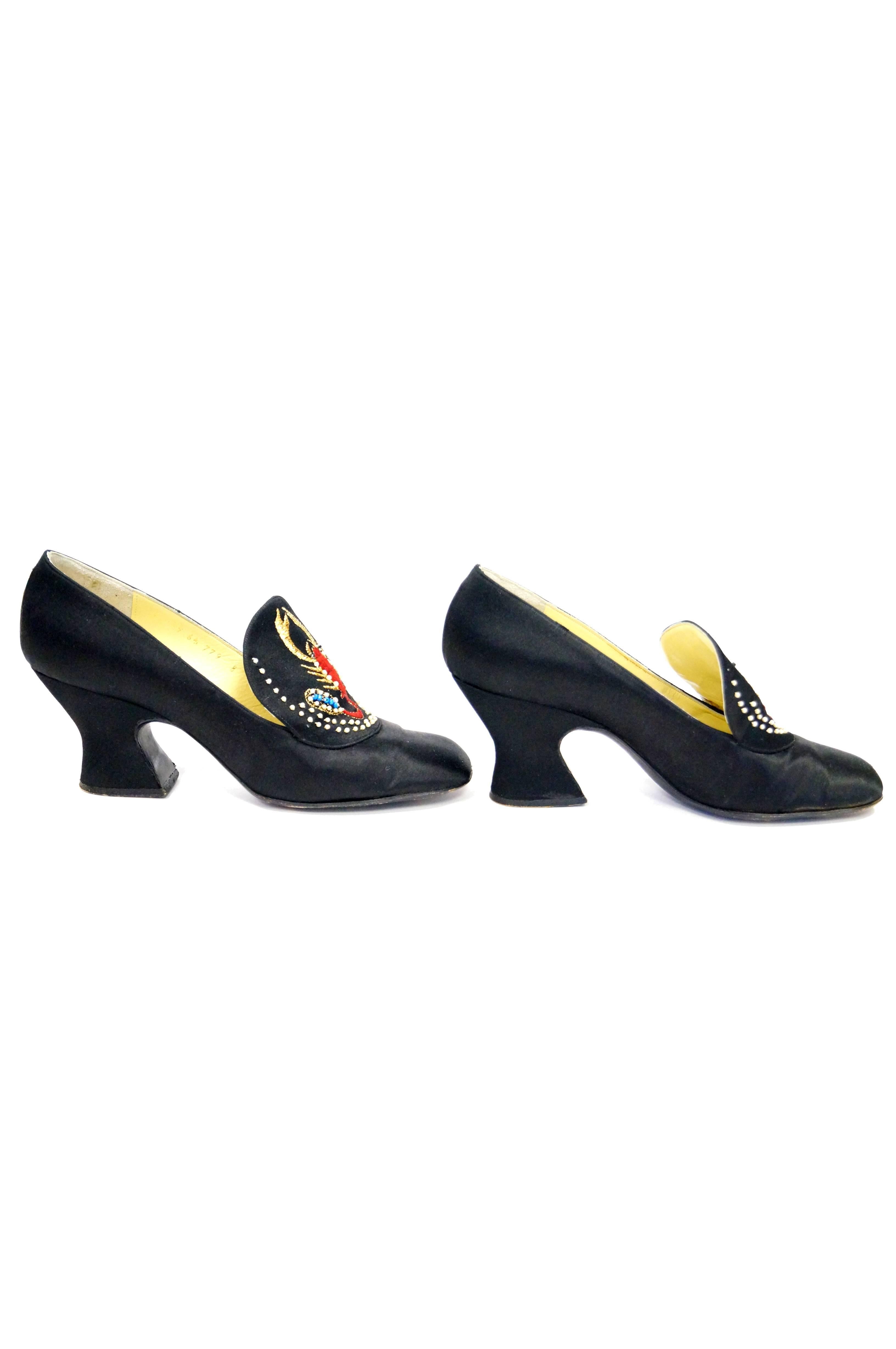 Black Rare 1970s “Shoe Biz” Grecian Scorpion Embroidered Satin Heel For Sale