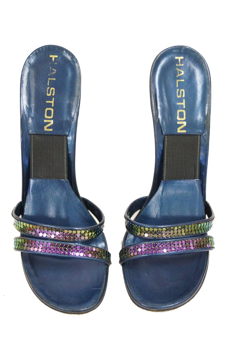 Iconic 1970s Halston Navy with Iridescent Mesh Strap Accent Heel at ...