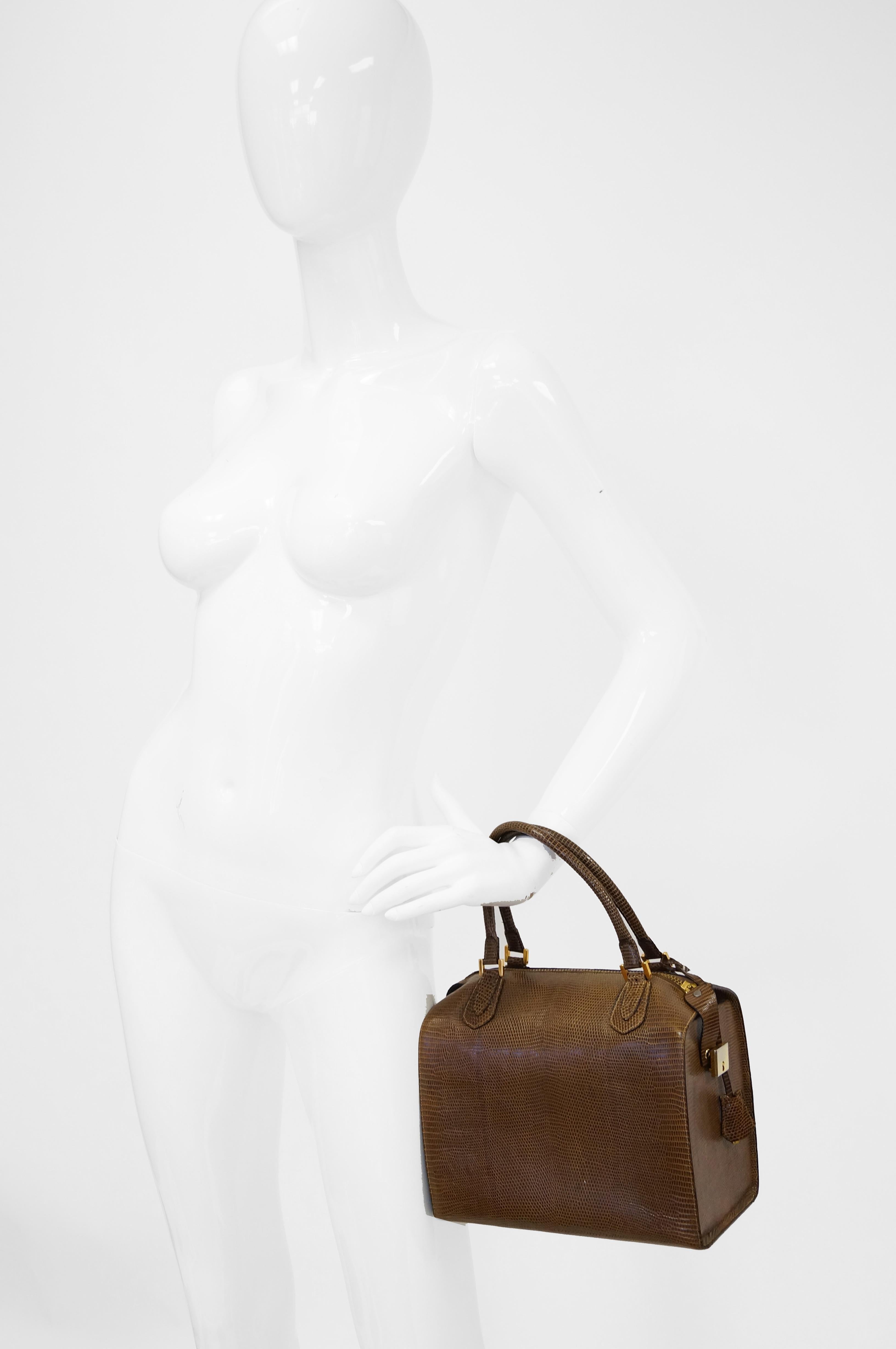 Martin Van Schaak Custom Brown Java Lizard Skin Handbag Box Bag, 1960s  9