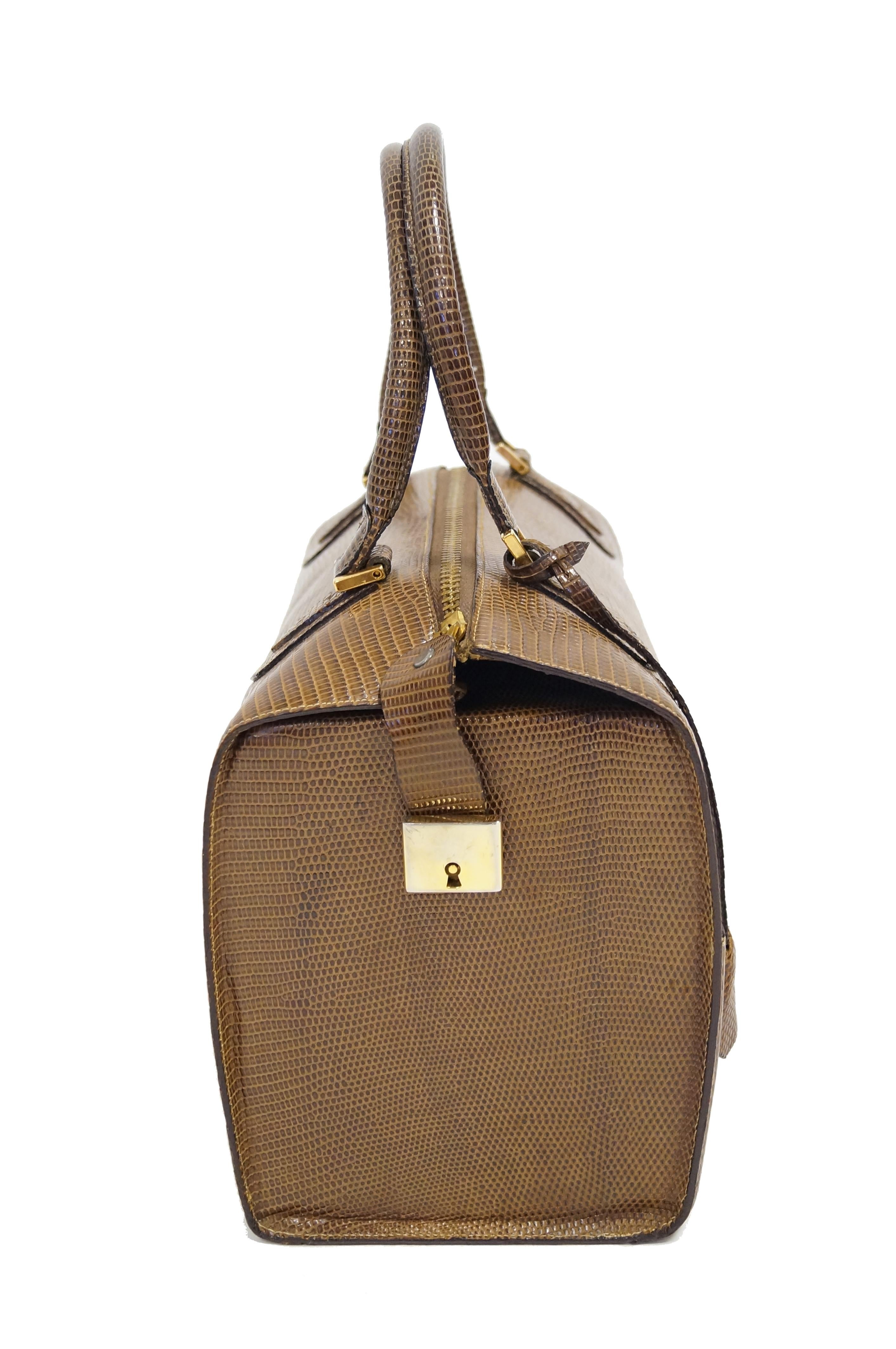 Martin Van Schaak Custom Brown Java Lizard Skin Handbag Box Bag, 1960s  In Excellent Condition In Houston, TX