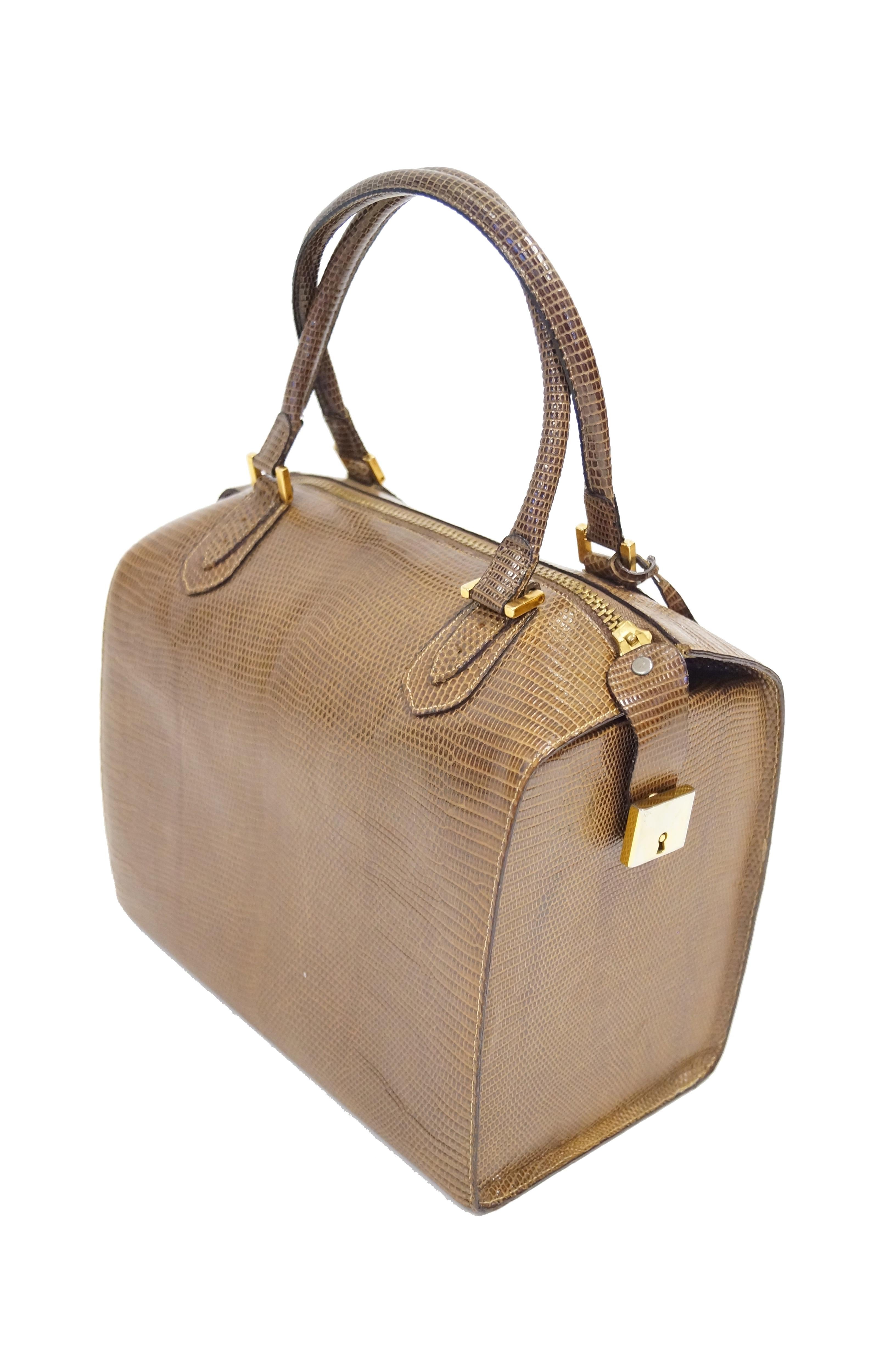 Women's Martin Van Schaak Custom Brown Java Lizard Skin Handbag Box Bag, 1960s 