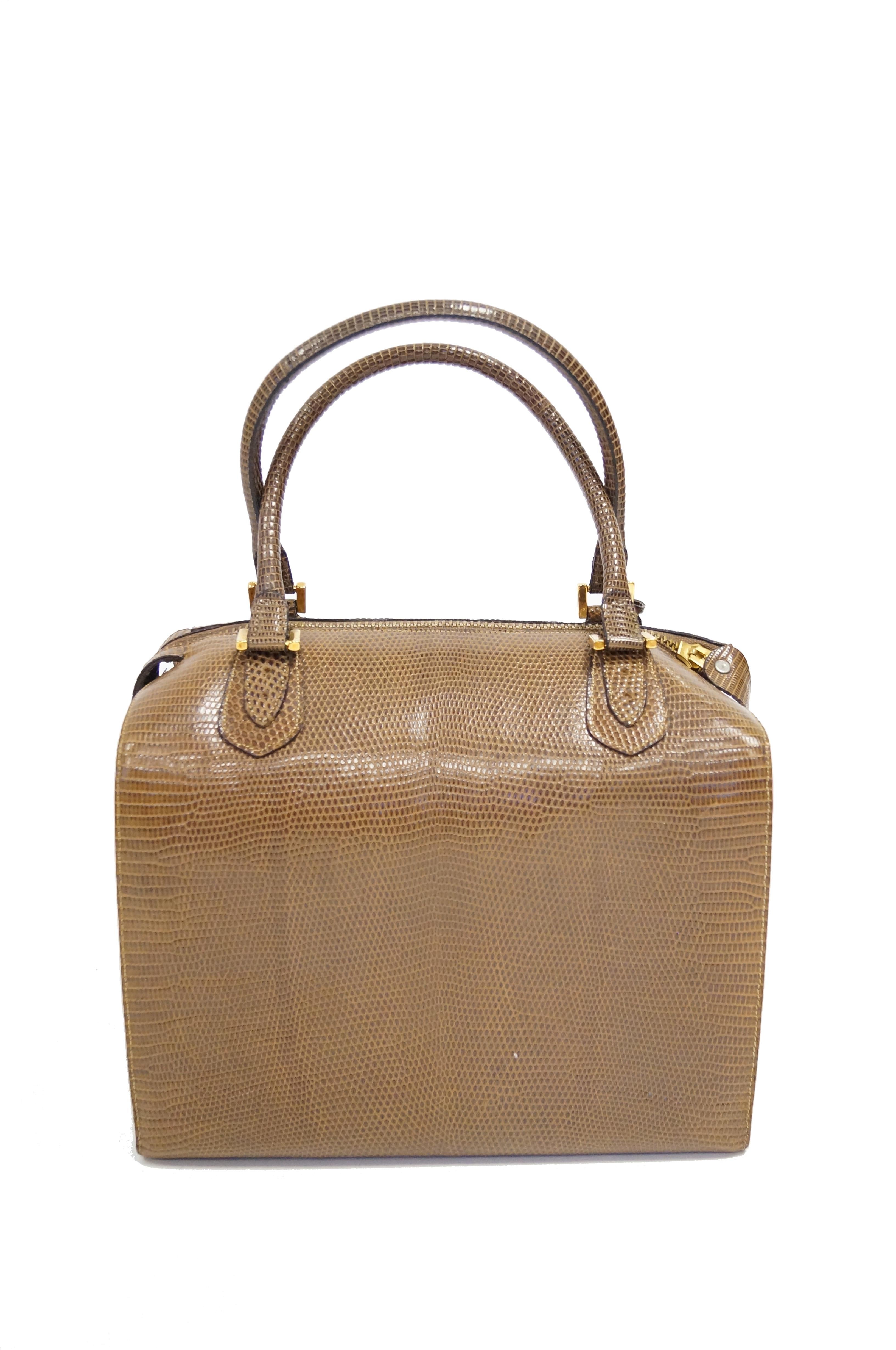 Martin Van Schaak Custom Brown Java Lizard Skin Handbag Box Bag, 1960s  1