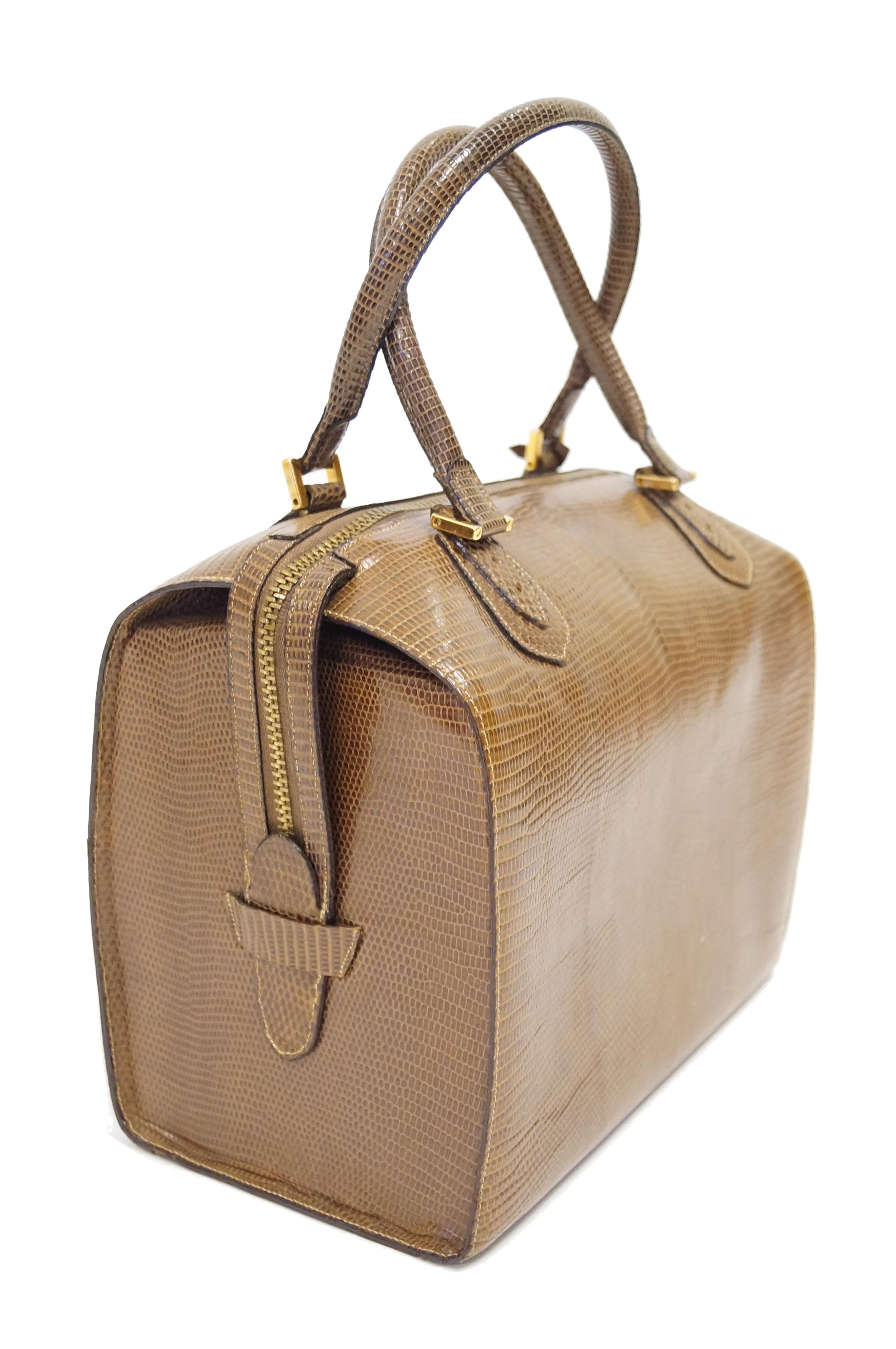 Martin Van Schaak Custom Brown Java Lizard Skin Handbag Box Bag, 1960s  2