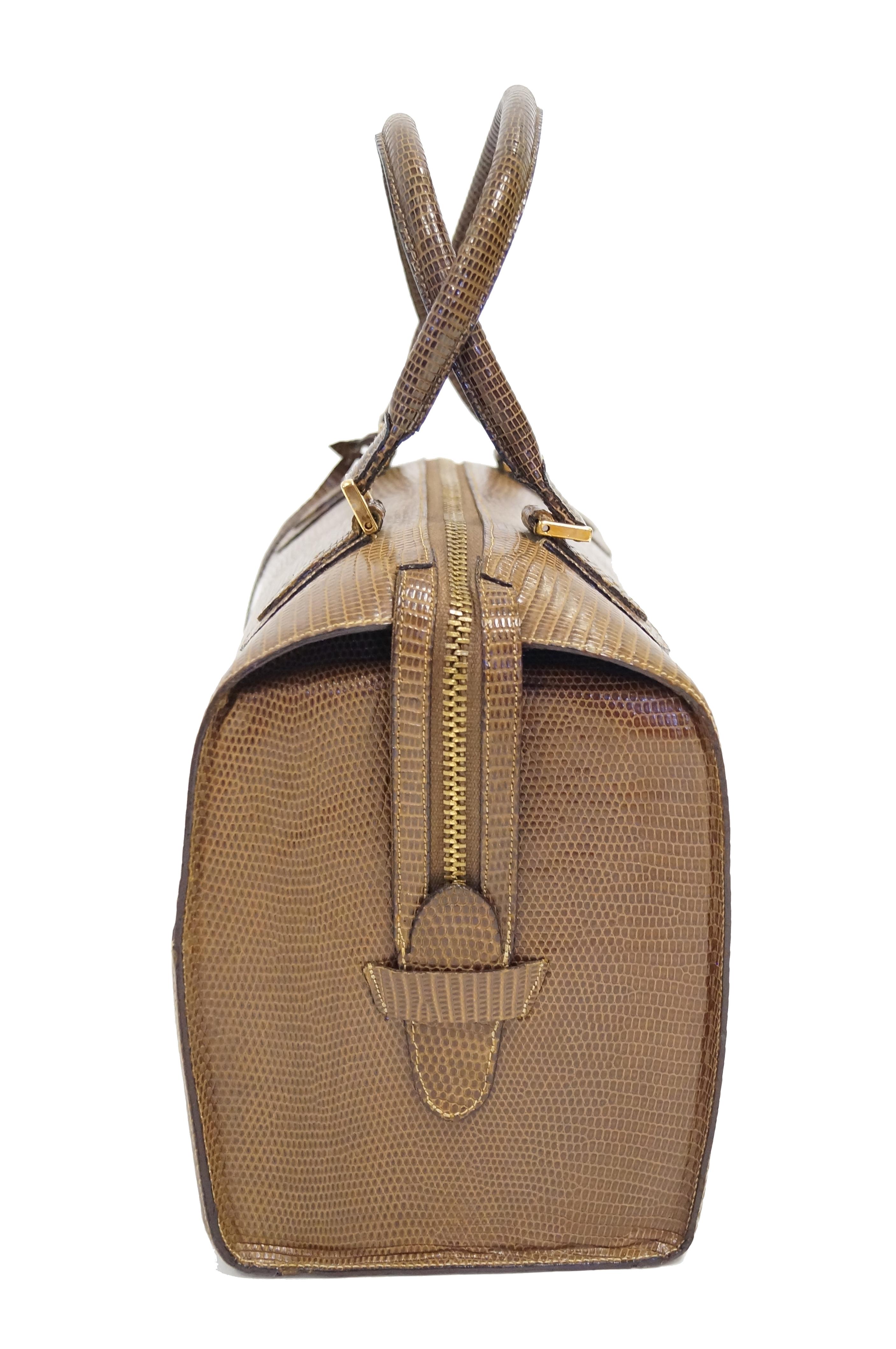 Martin Van Schaak Custom Brown Java Lizard Skin Handbag Box Bag, 1960s  3