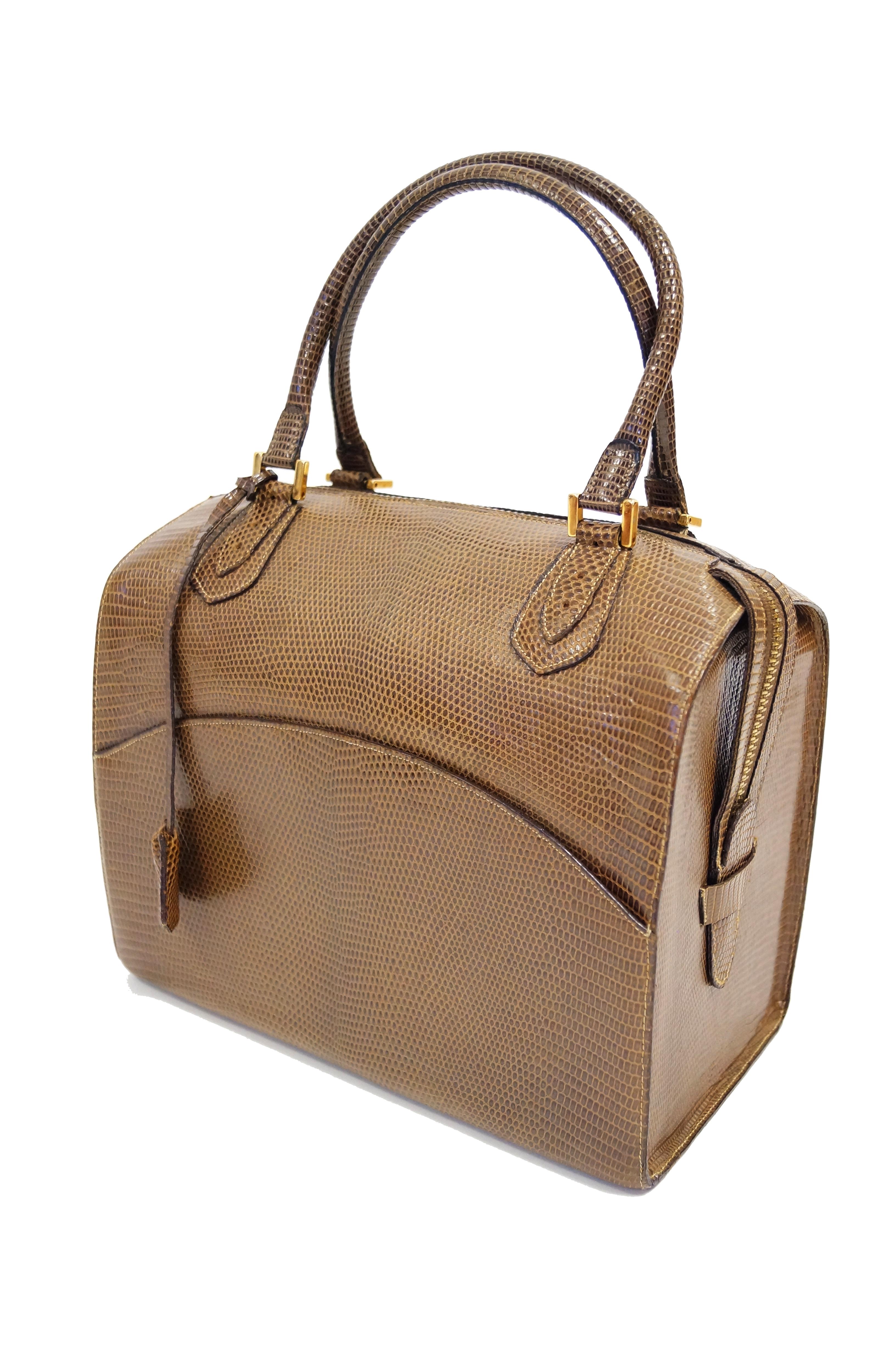 Martin Van Schaak Custom Brown Java Lizard Skin Handbag Box Bag, 1960s  4