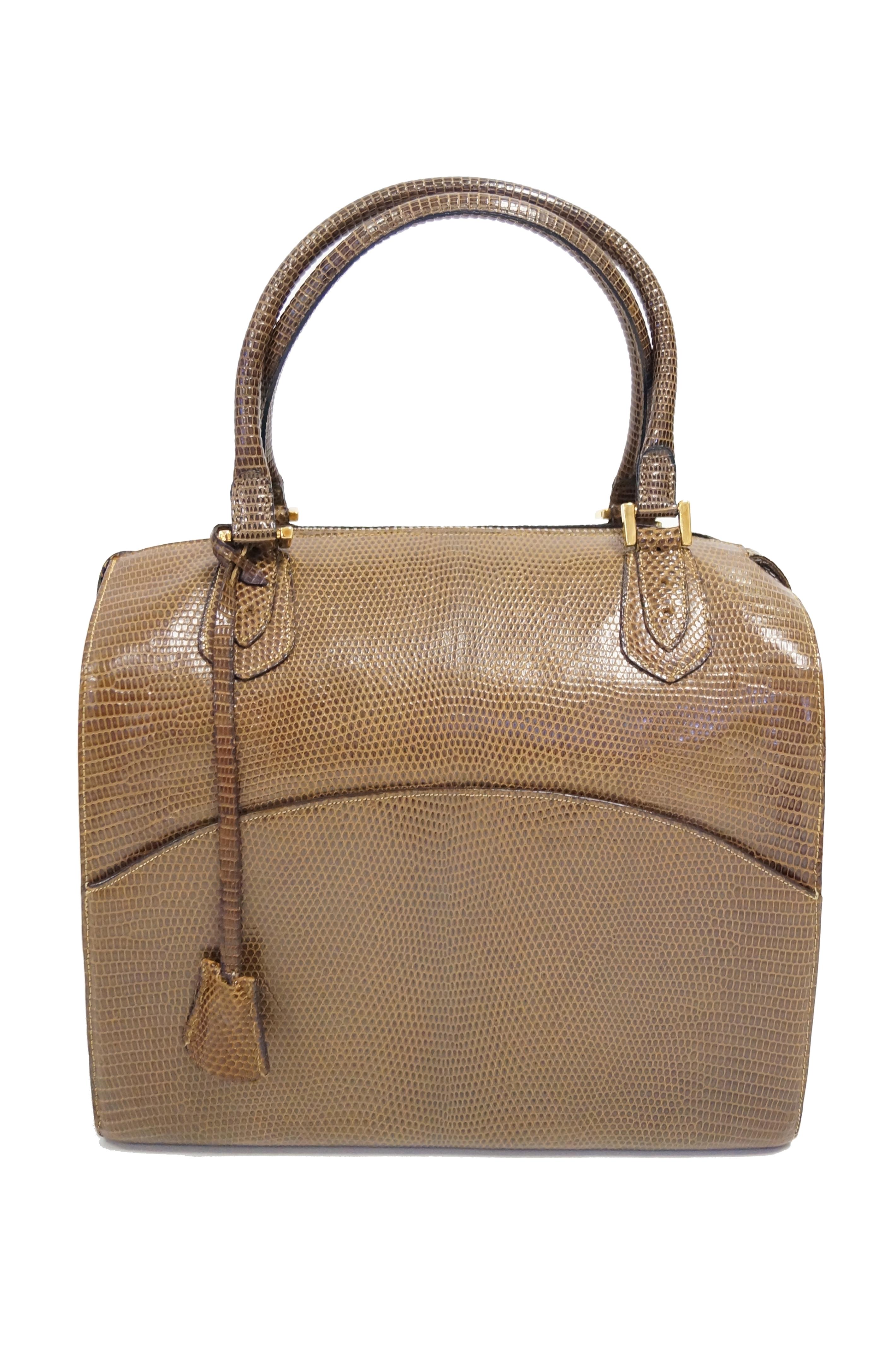 Martin Van Schaak Custom Brown Java Lizard Skin Handbag Box Bag, 1960s  5
