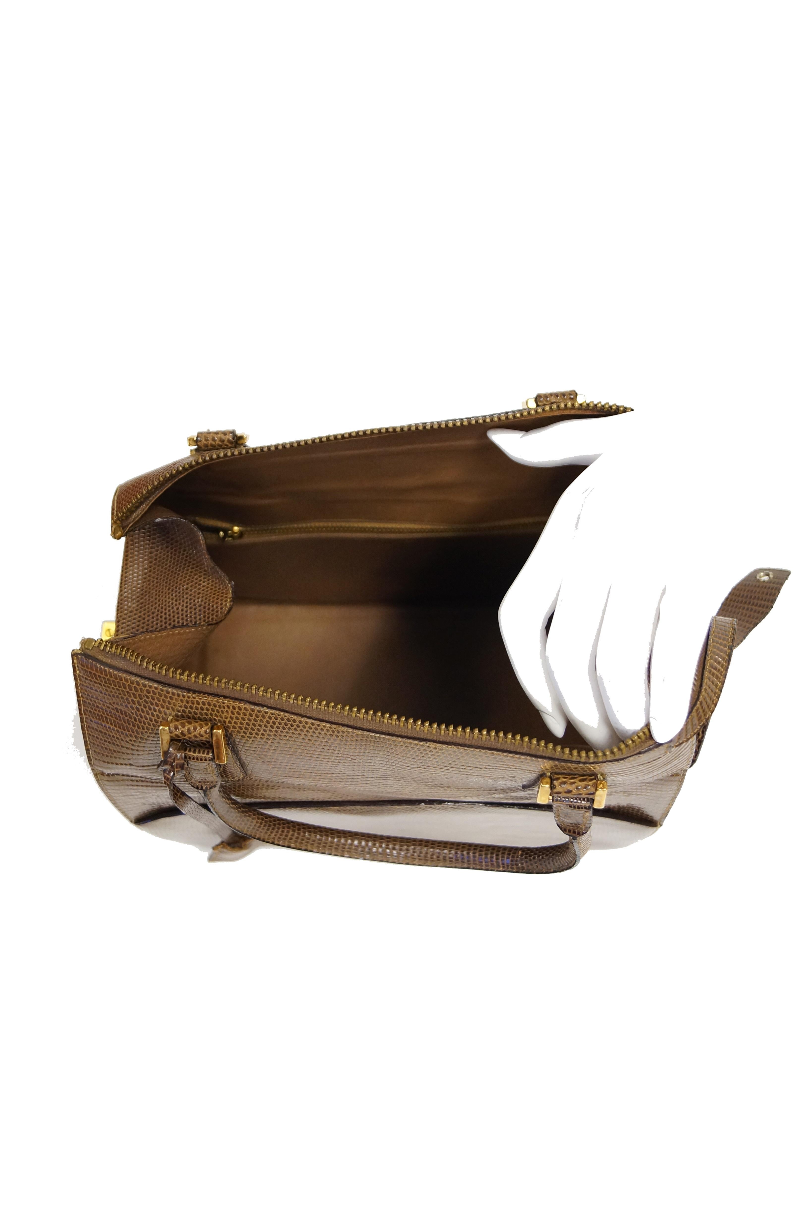 Martin Van Schaak Custom Brown Java Lizard Skin Handbag Box Bag, 1960s  6