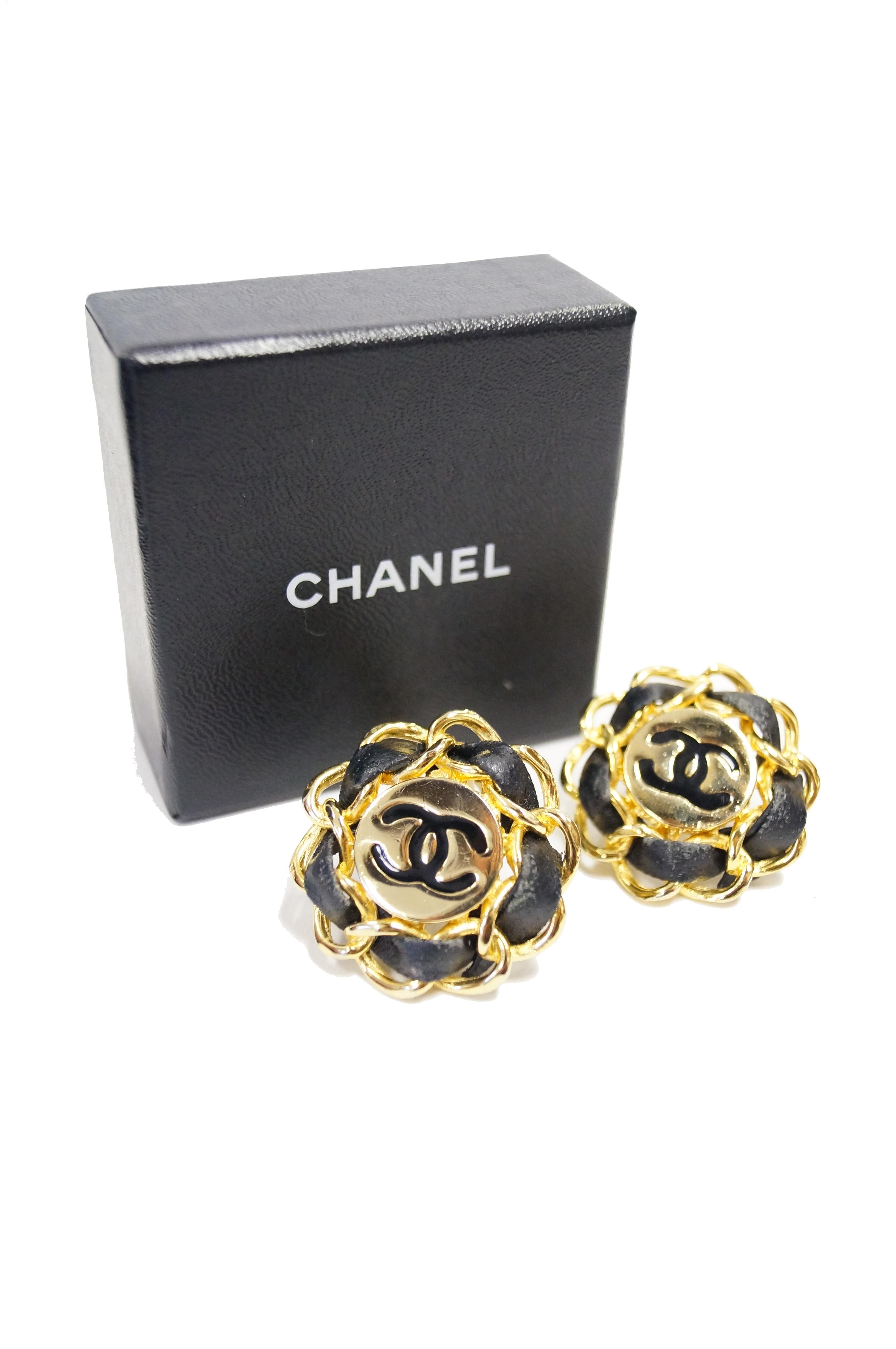 Iconic 1980s Chanel Logo Gold and Leather Clip Earrings 1