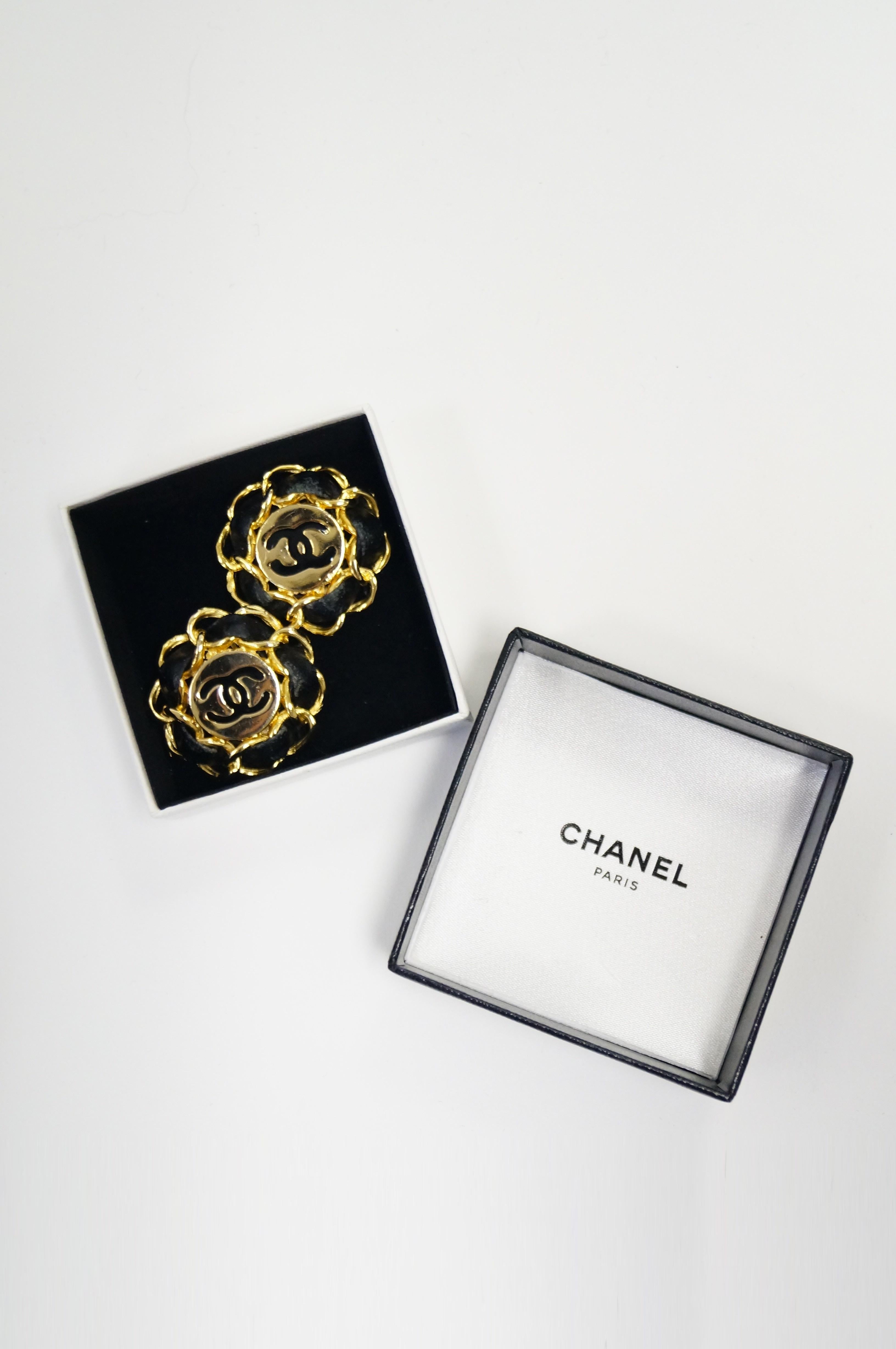 Iconic 1980s Chanel Logo Gold and Leather Clip Earrings 2