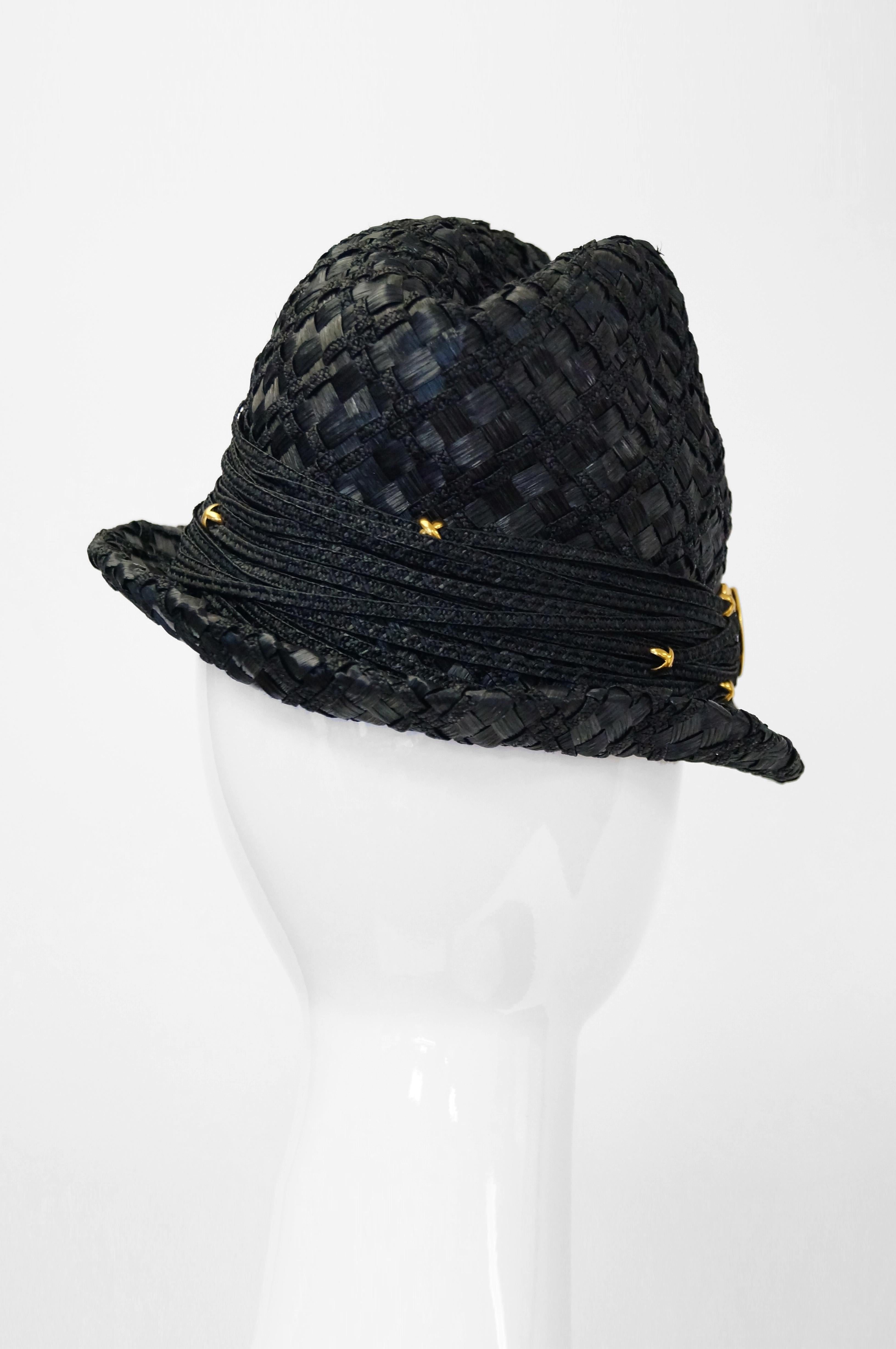 Early 1980s Yves Saint Laurent Woven Trilby Sun Hat In Good Condition For Sale In Houston, TX