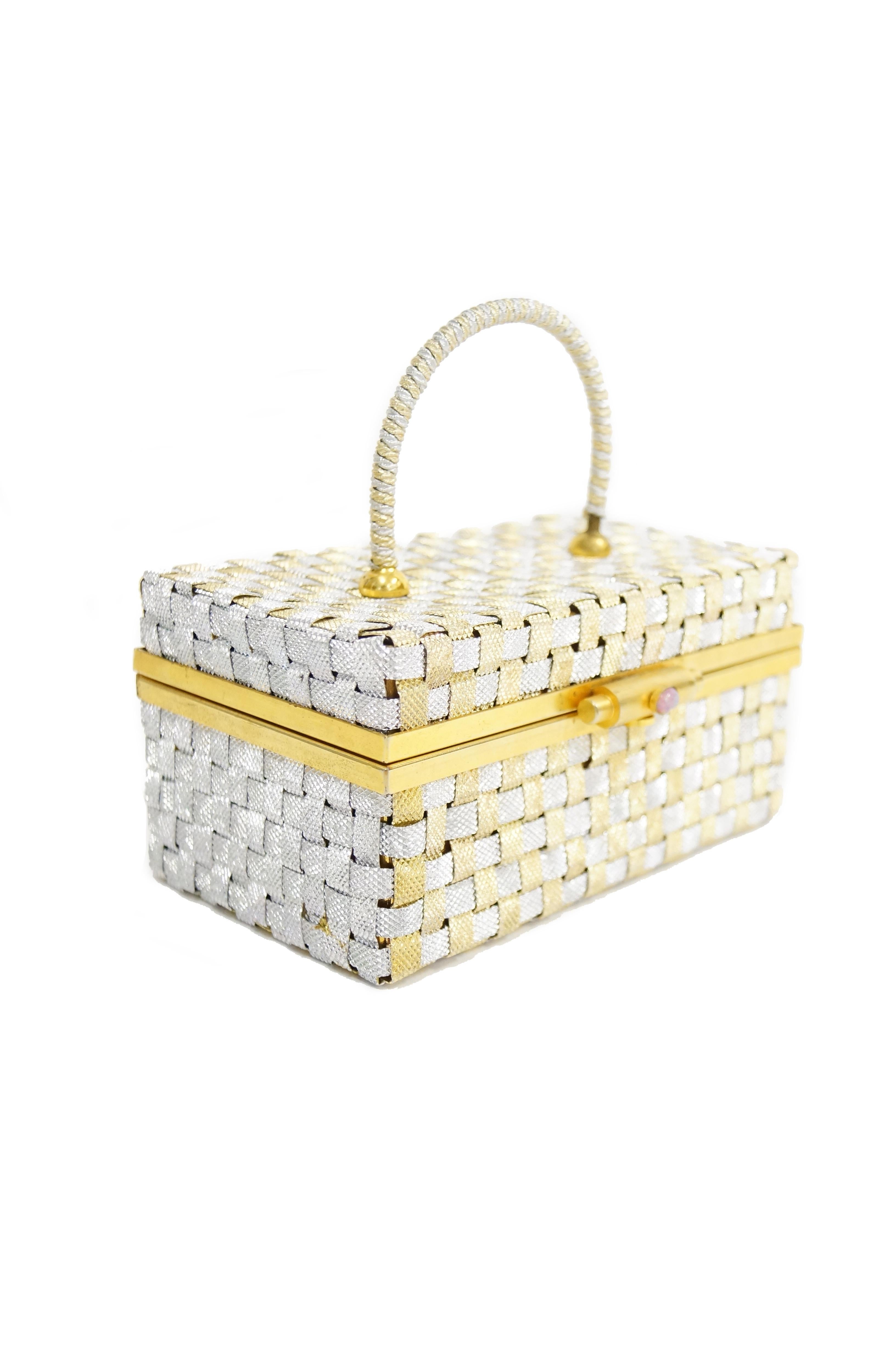 Beige Delil Silver and Gold Woven Metal Box Purse With Foil Opal Closure