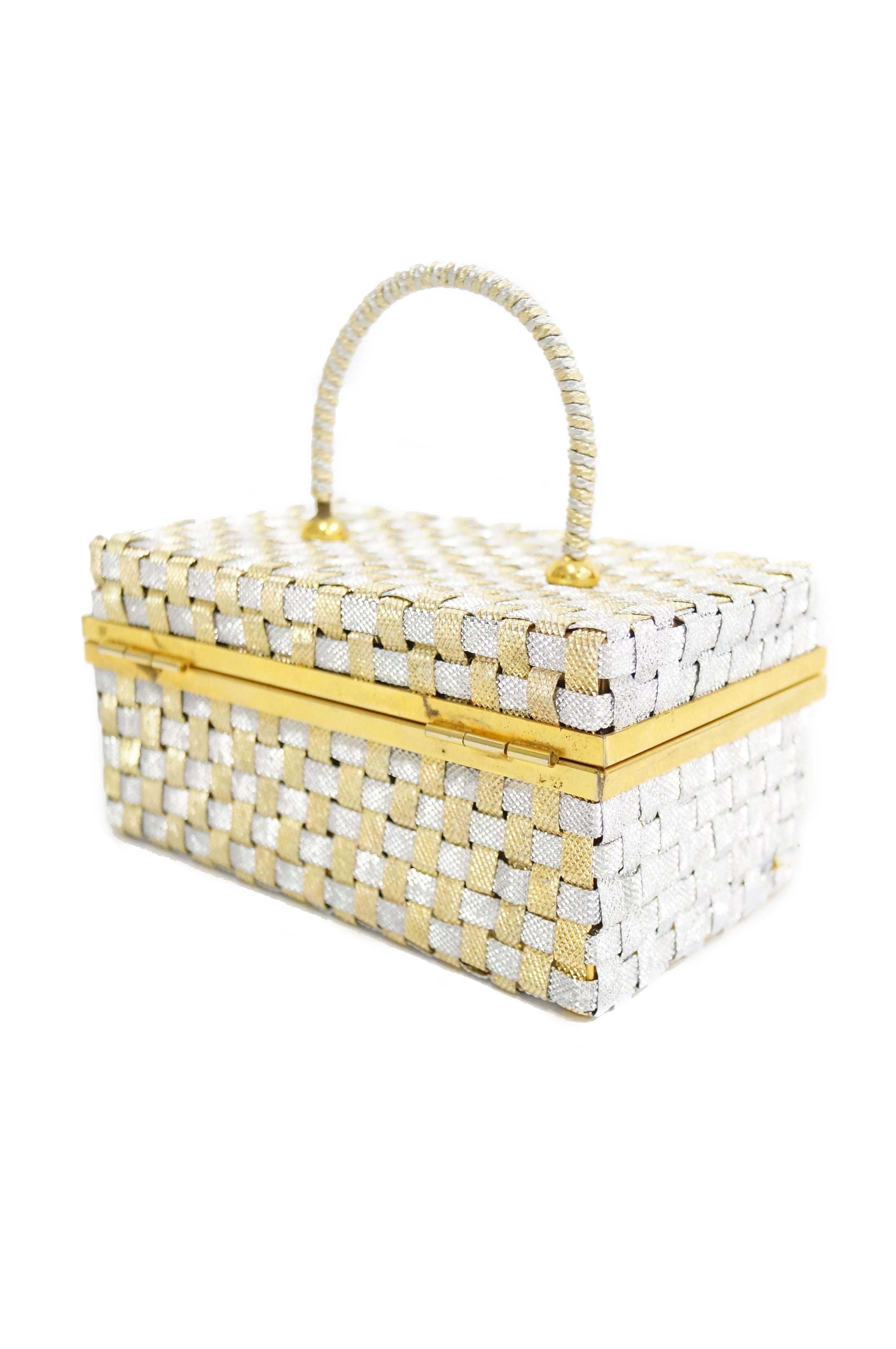 Delil Silver and Gold Woven Metal Box Purse With Foil Opal Closure In Good Condition In Houston, TX