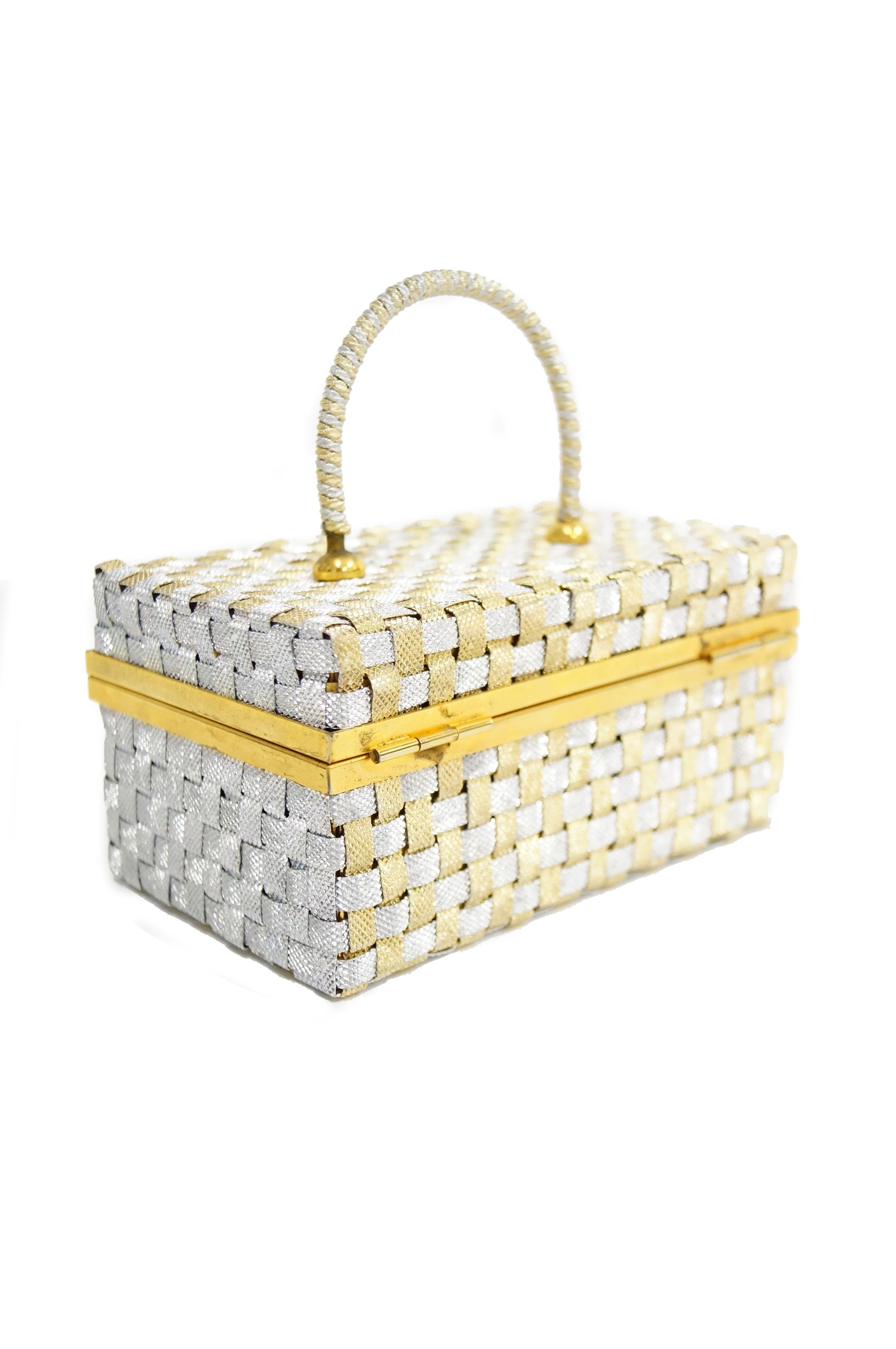 Women's Delil Silver and Gold Woven Metal Box Purse With Foil Opal Closure