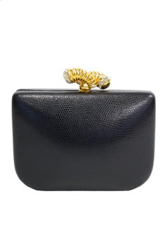Rodo Black Lizard Skin Vintage Clutch with Rhinestone Closure