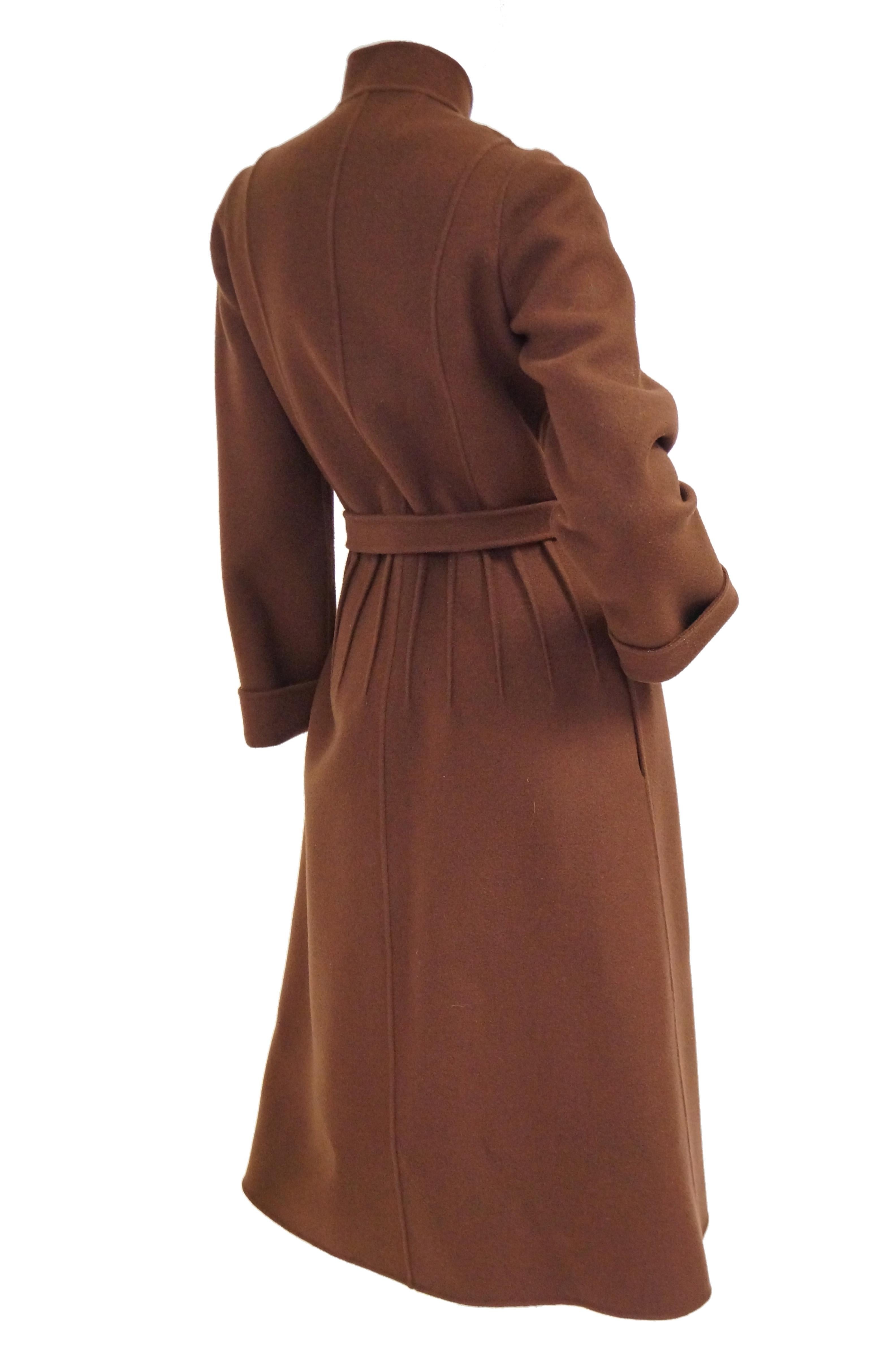 1970s Andre Laug Audrey Brown Wool Wrap Coat 36 For Sale 2