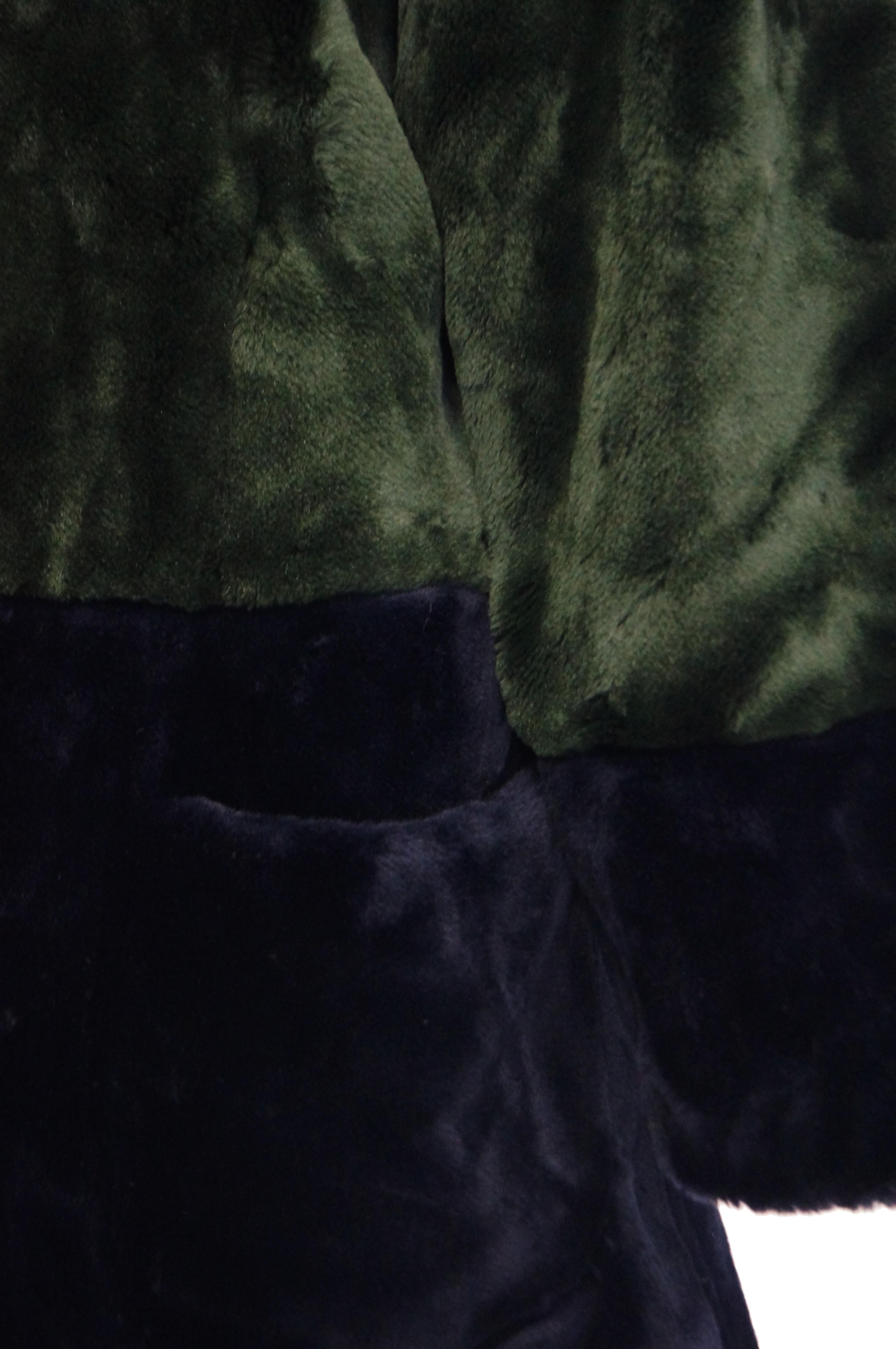 1980s Bill Blass Green and Black Colorblock Faux Sheared Mink Coat - XL 1