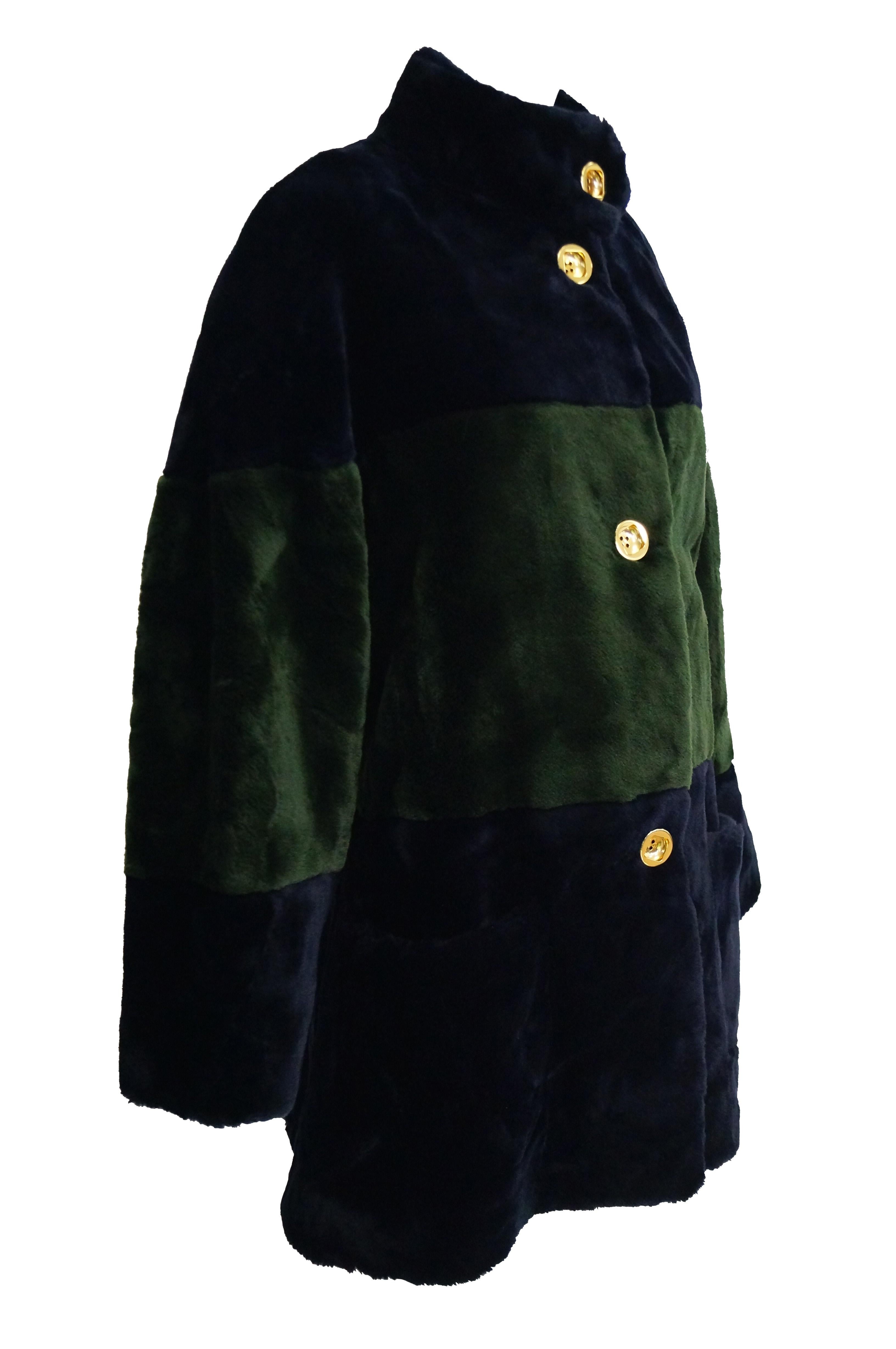 1980s Bill Blass Green and Black Colorblock Faux Sheared Mink Coat - XL 2
