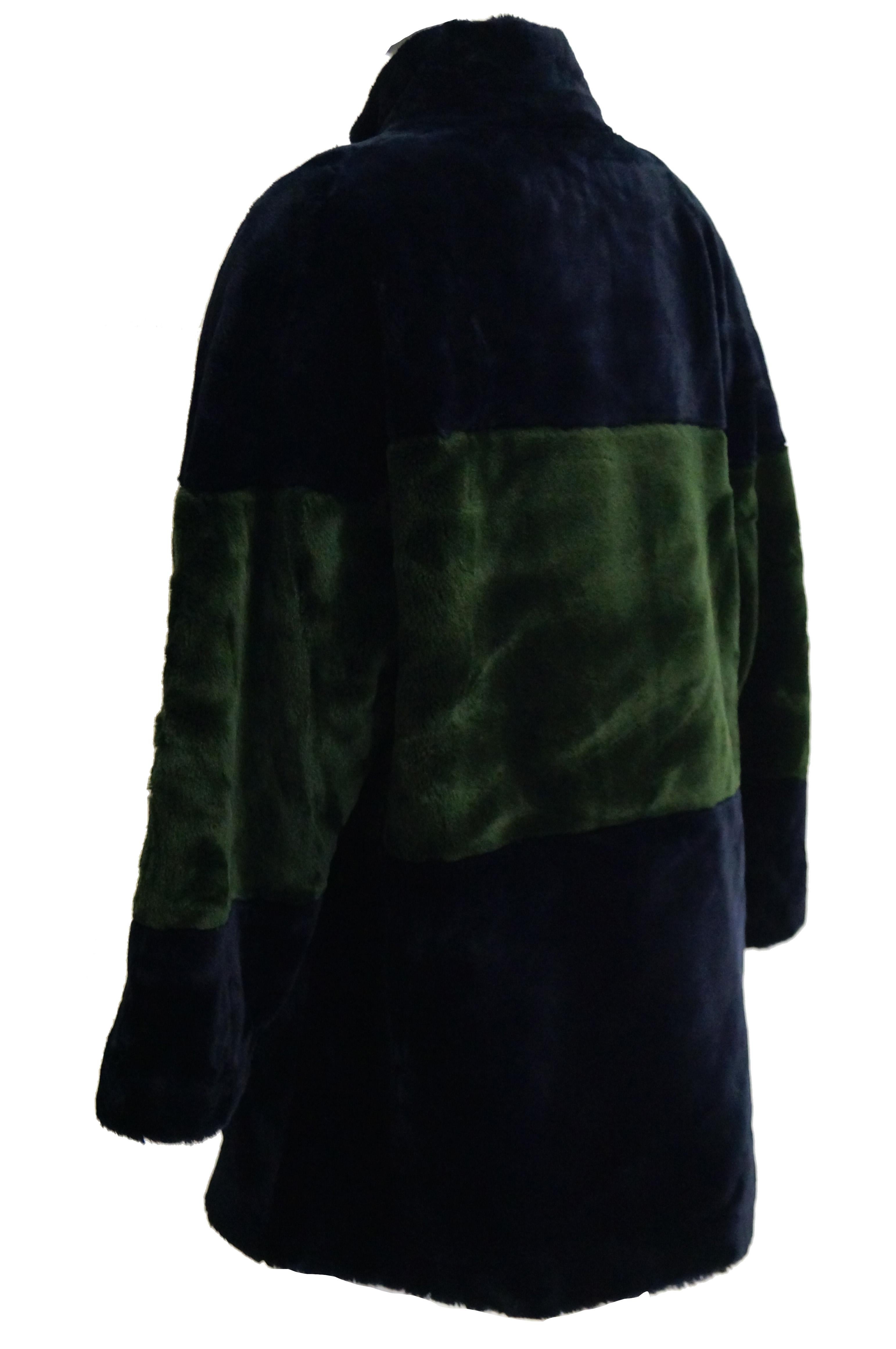 1980s Bill Blass Green and Black Colorblock Faux Sheared Mink Coat - XL 4