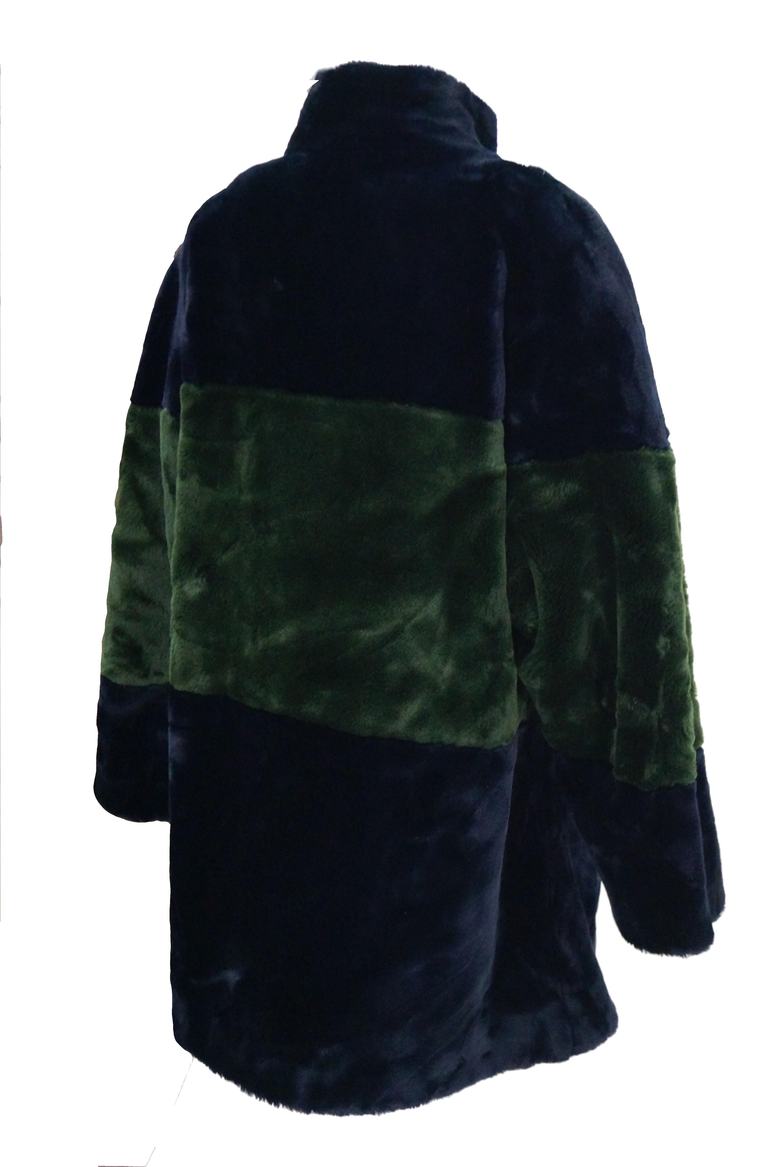 1980s Bill Blass Green and Black Colorblock Faux Sheared Mink Coat - XL 5
