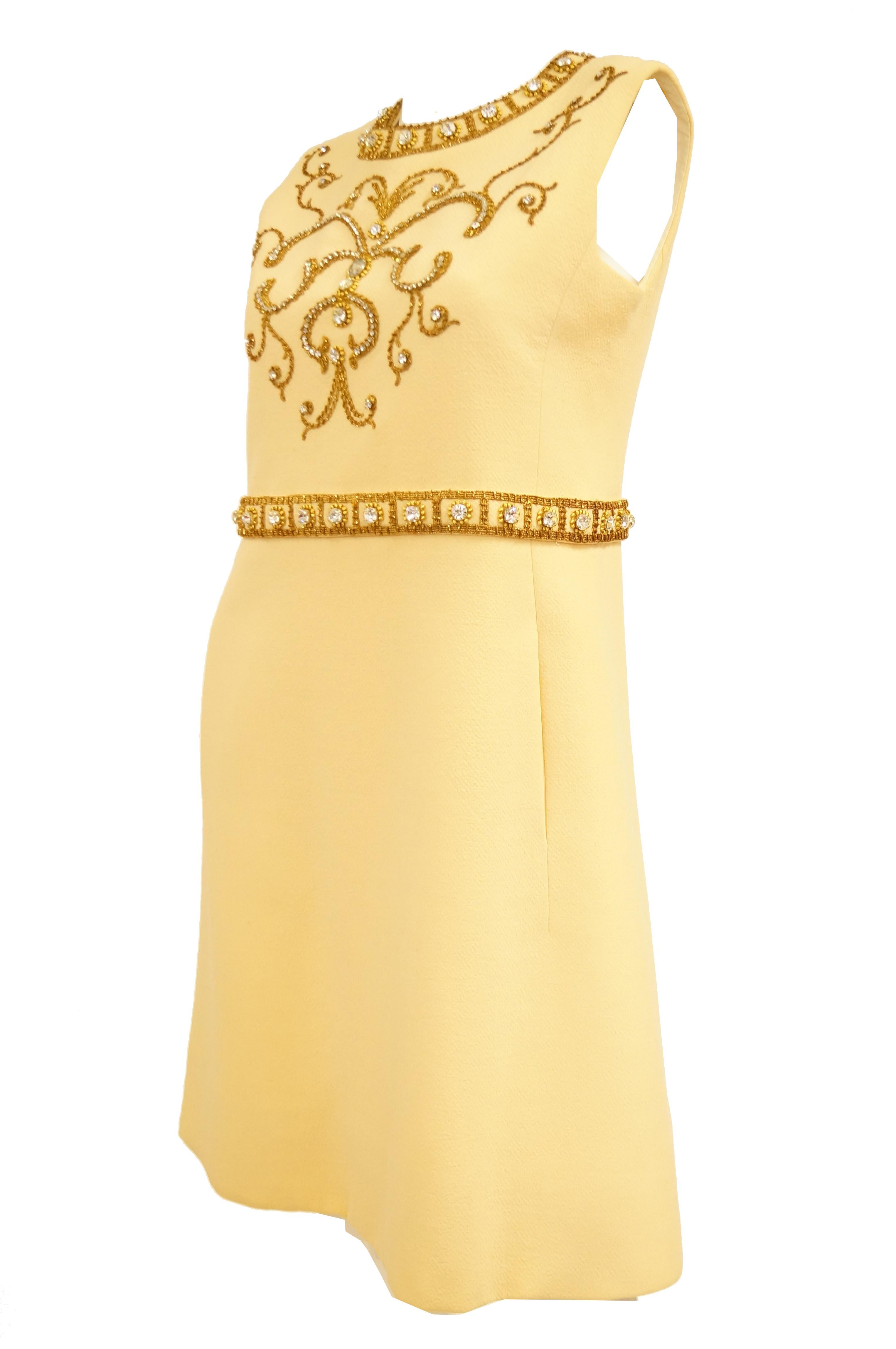 1960s Couture Cardinali Mod Shift Dress W/ Rhinestones & Gold Passementerie In Excellent Condition For Sale In Houston, TX